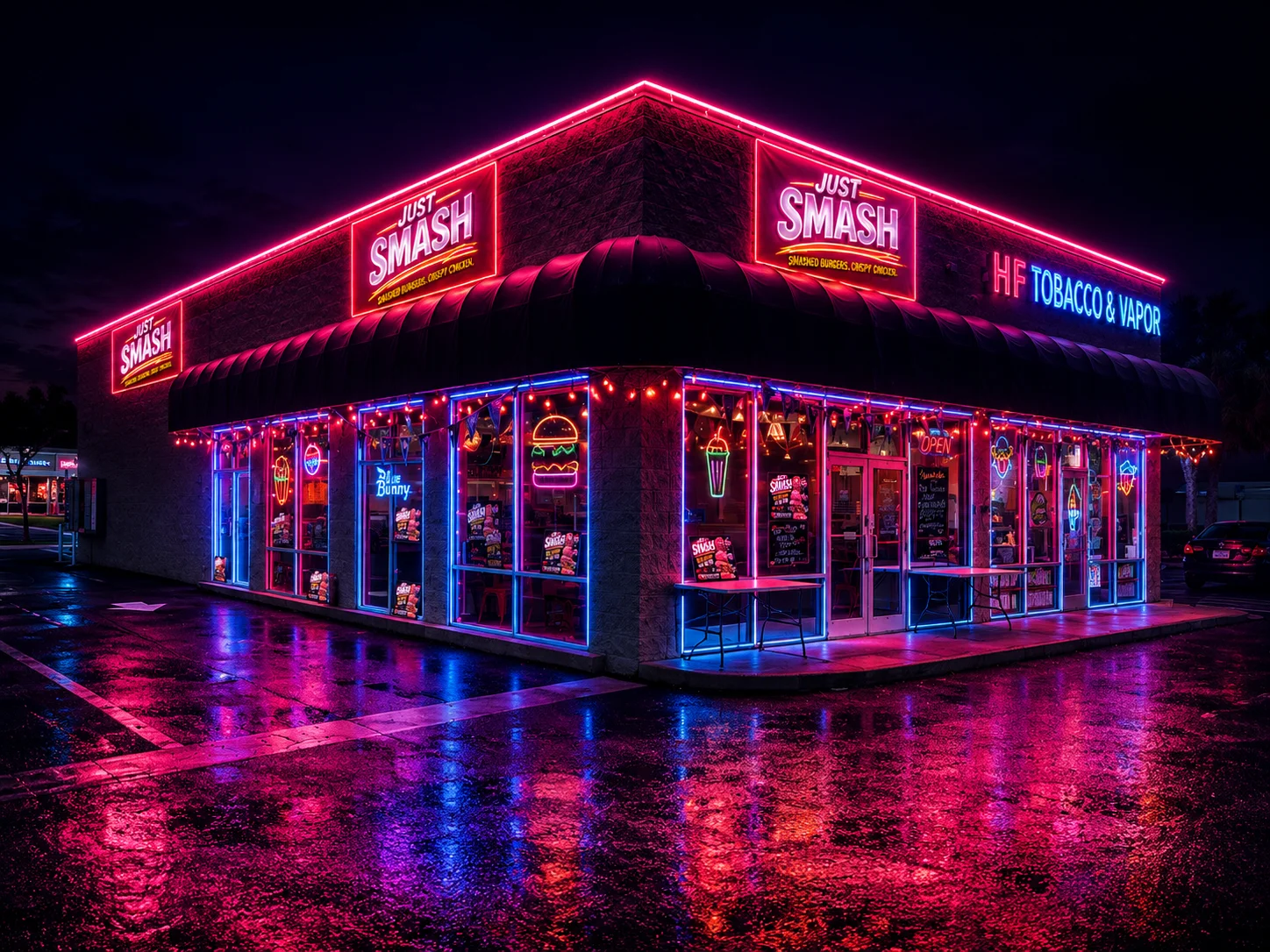 Vibrant restaurant exterior with neon lights at night
