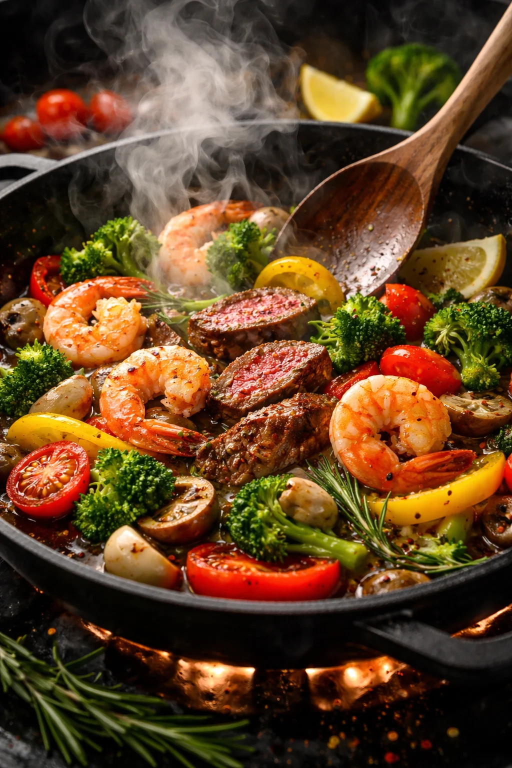 Sizzling seafood and steak fajitas with vibrant vegetables