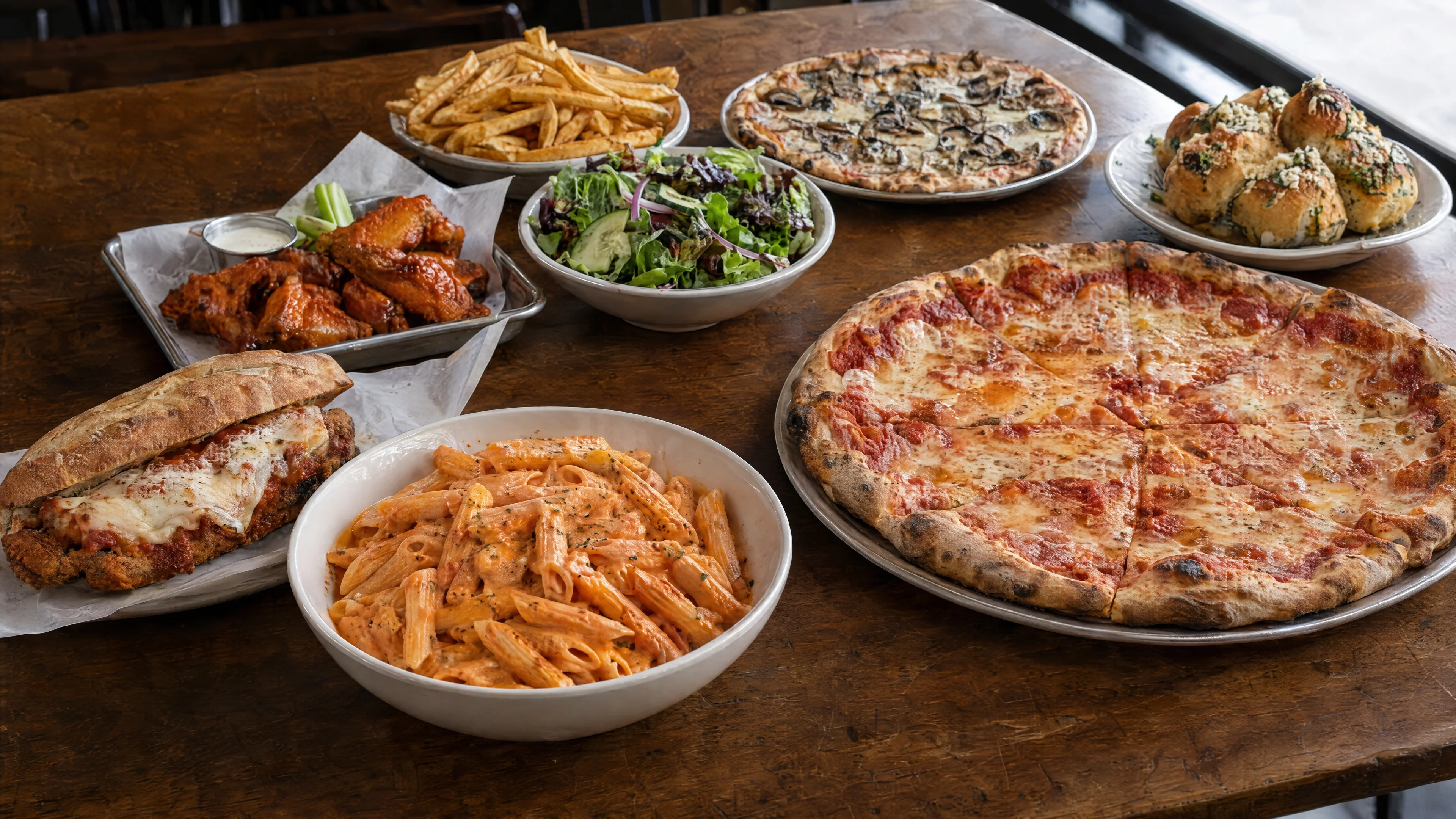 Pizza, pasta, heroes, wings, fries, salad and garlic knots