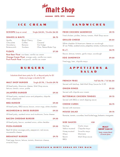 Classic American diner menu featuring burgers, ice cream, and sandwiches
