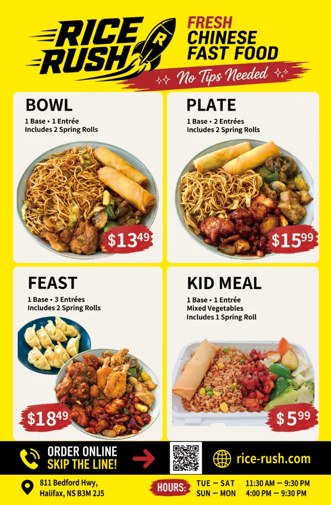 Chinese fast food menu featuring noodle bowls, plates, spring rolls, and kid meals