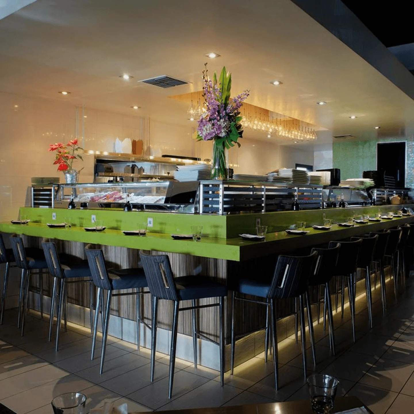 Modern sushi bar interior with vibrant decor