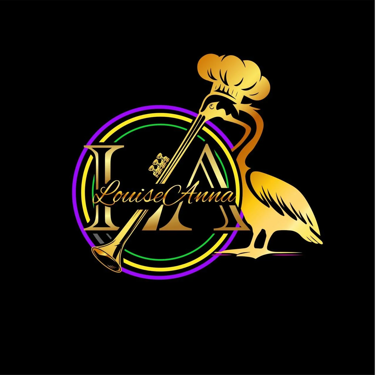 Logo design for LouiseAnna restaurant featuring a chef and musical elements