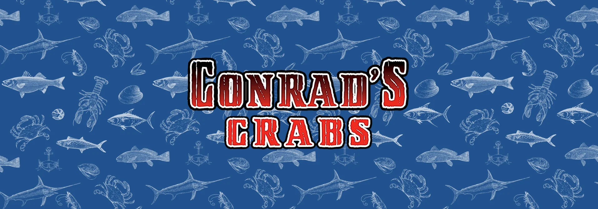 Conrad's Crabs logo with seafood illustrations on blue background