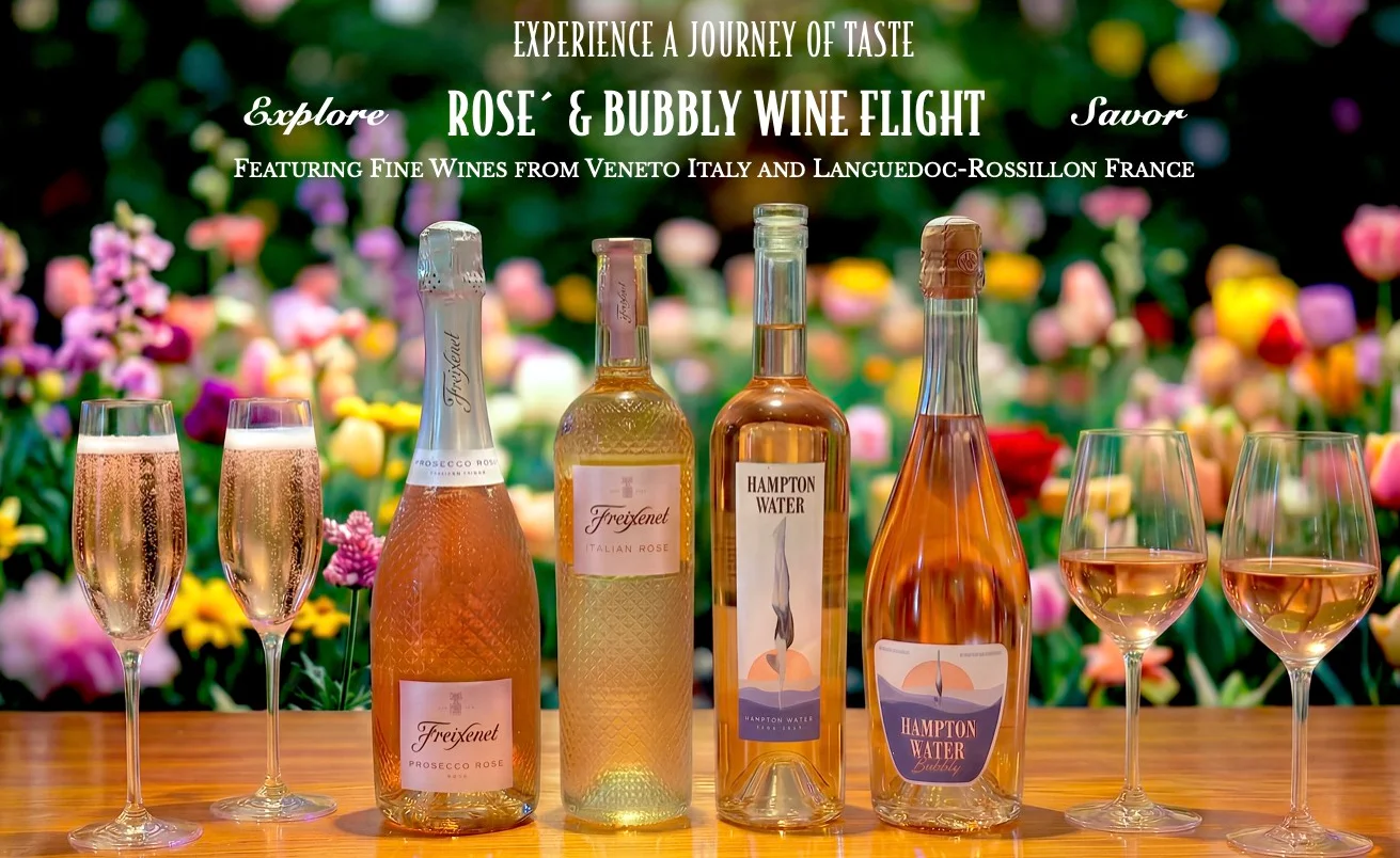 Rose and bubbly wine flight with floral backdrop