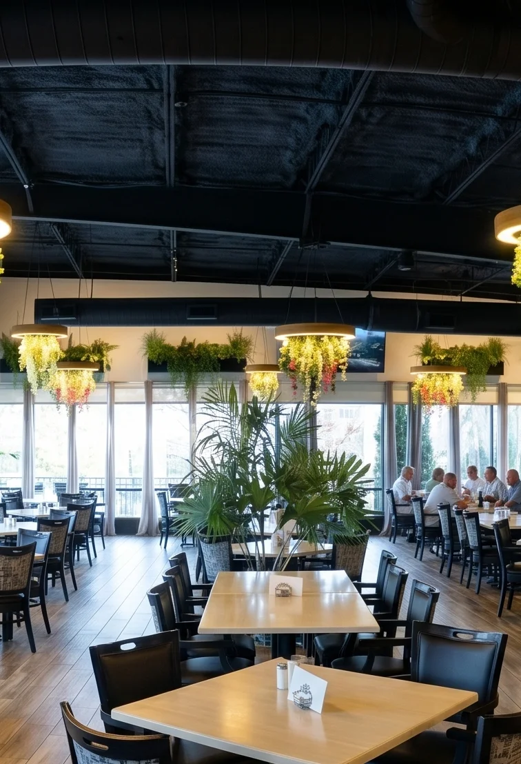 Modern restaurant interior with floral decor and ample seating