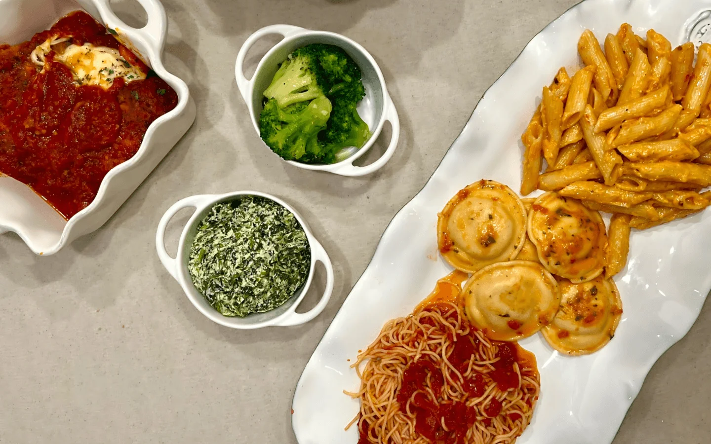 Italian pasta platter with ravioli and marinara sauce