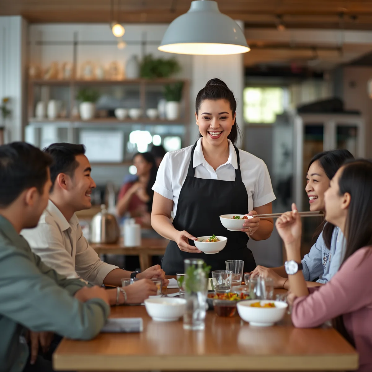 A smiling waitress serving food to a group of friends at a restaurant.