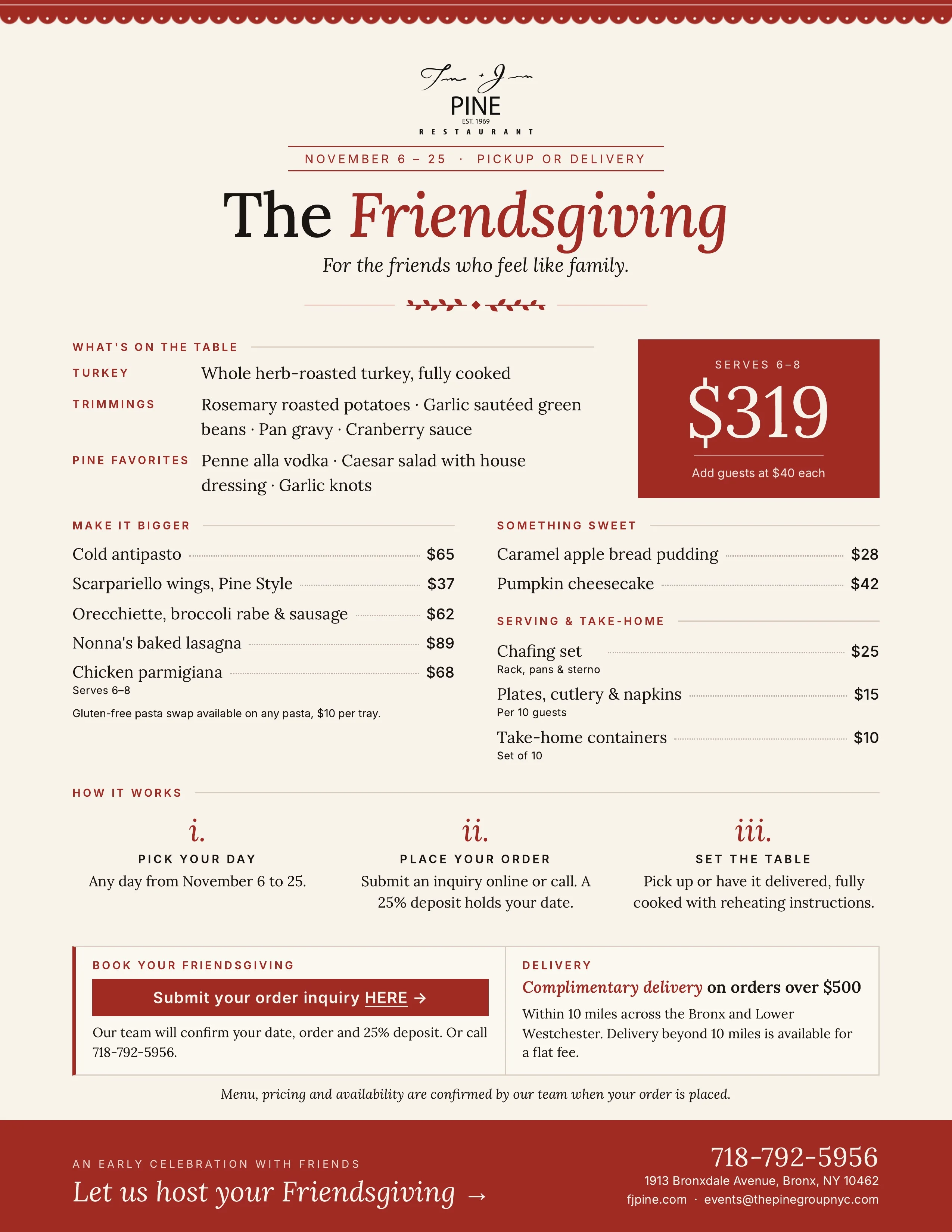 Friendsgiving catering menu flyer with Thanksgiving dinner options and delivery details