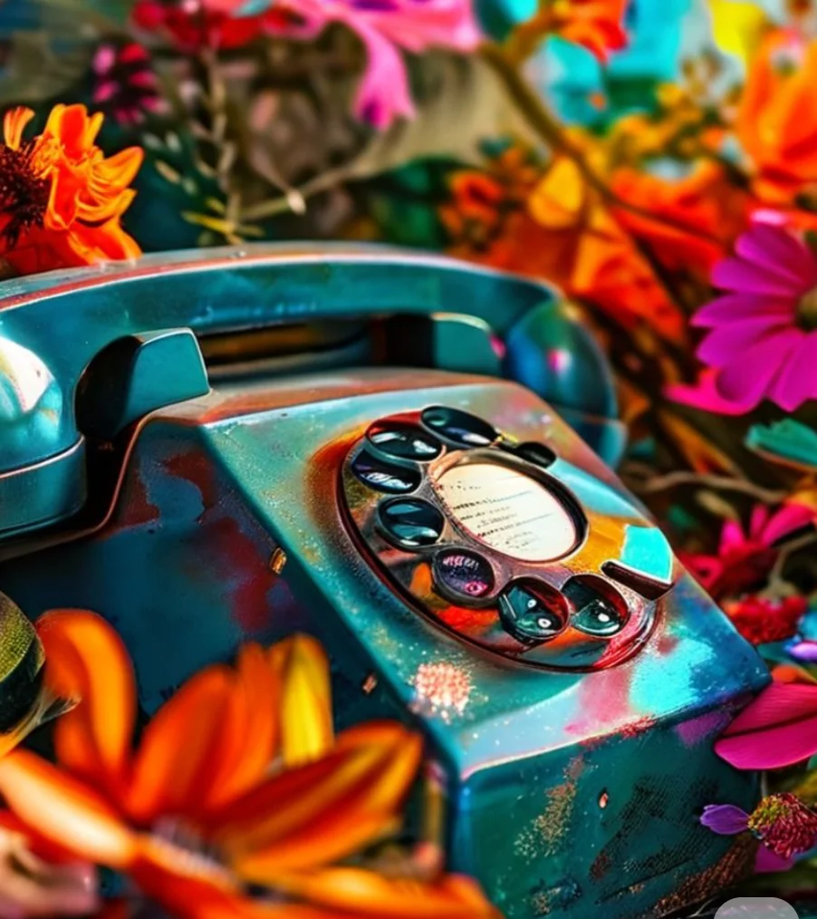 Vintage rotary phone surrounded by colorful flowers