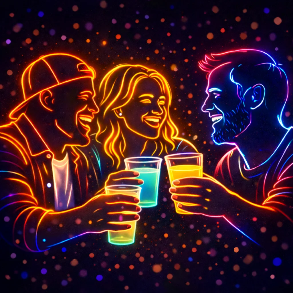 Friends toasting with colorful drinks in a vibrant setting