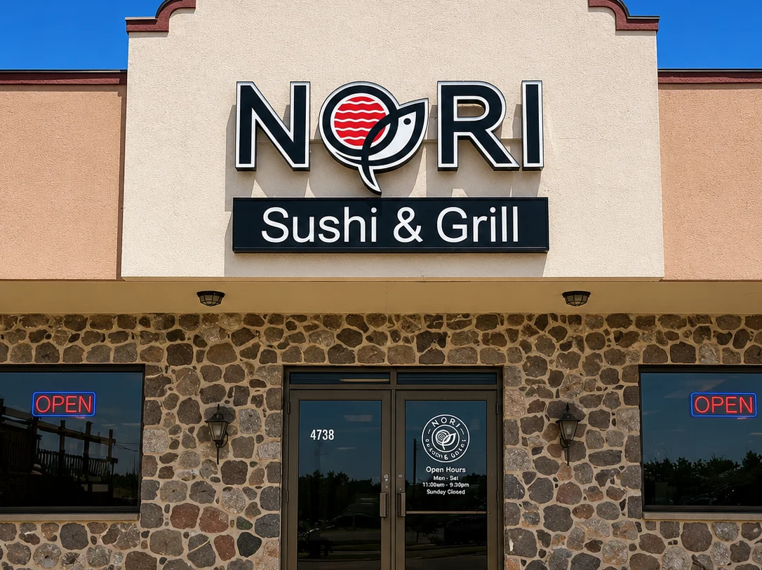 Exterior of Nori Sushi & Grill restaurant with open sign