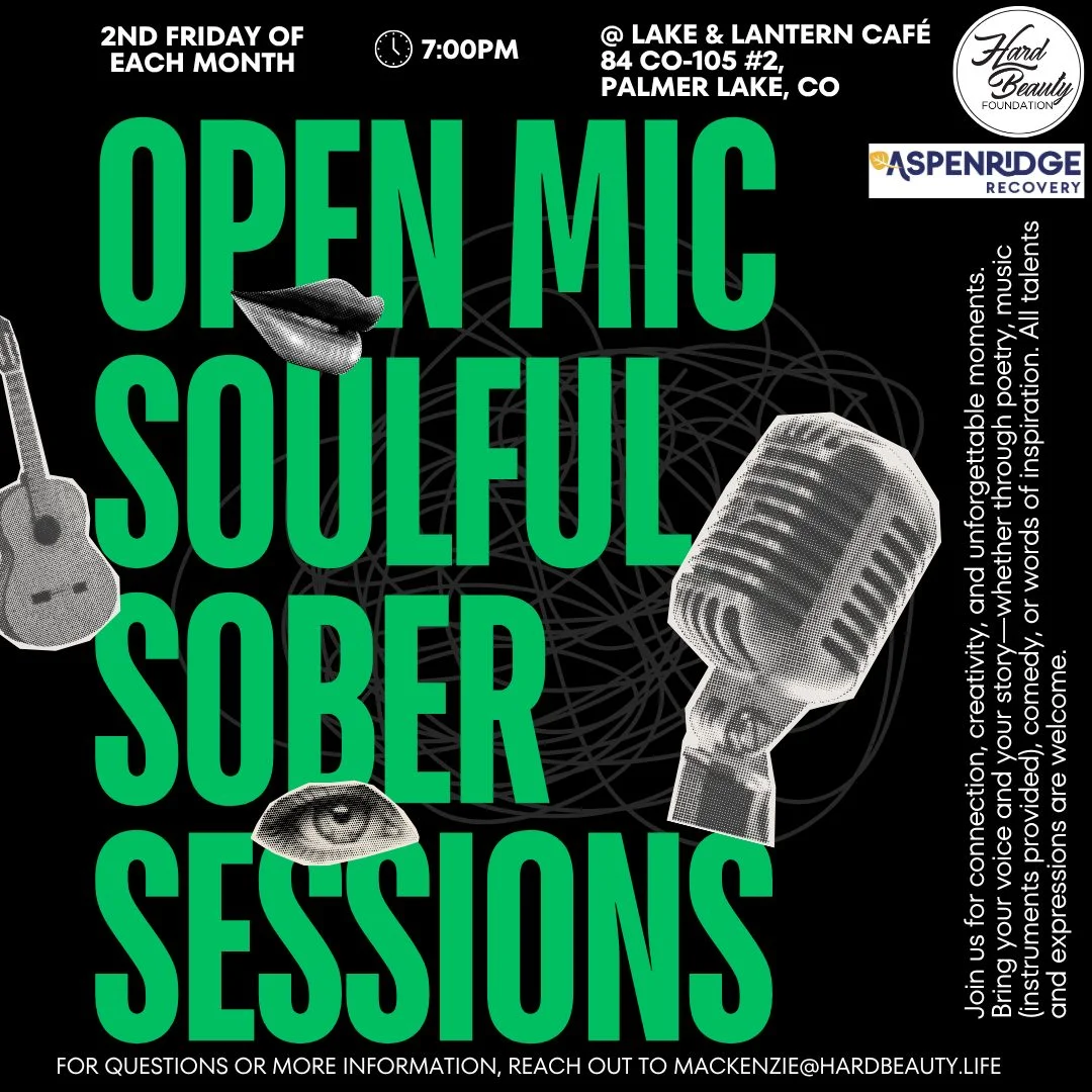 Open mic event flyer for soulful sober sessions at Lake & Lantern Café