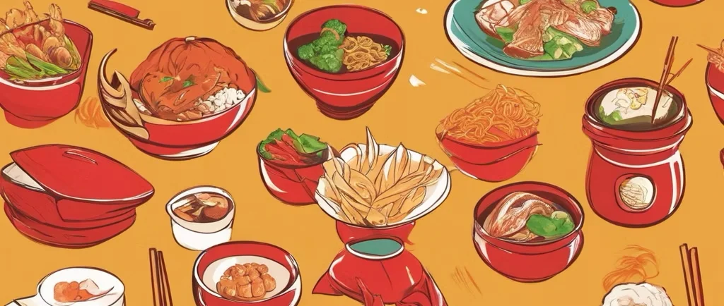 Colorful assortment of Asian dishes including ramen and dumplings