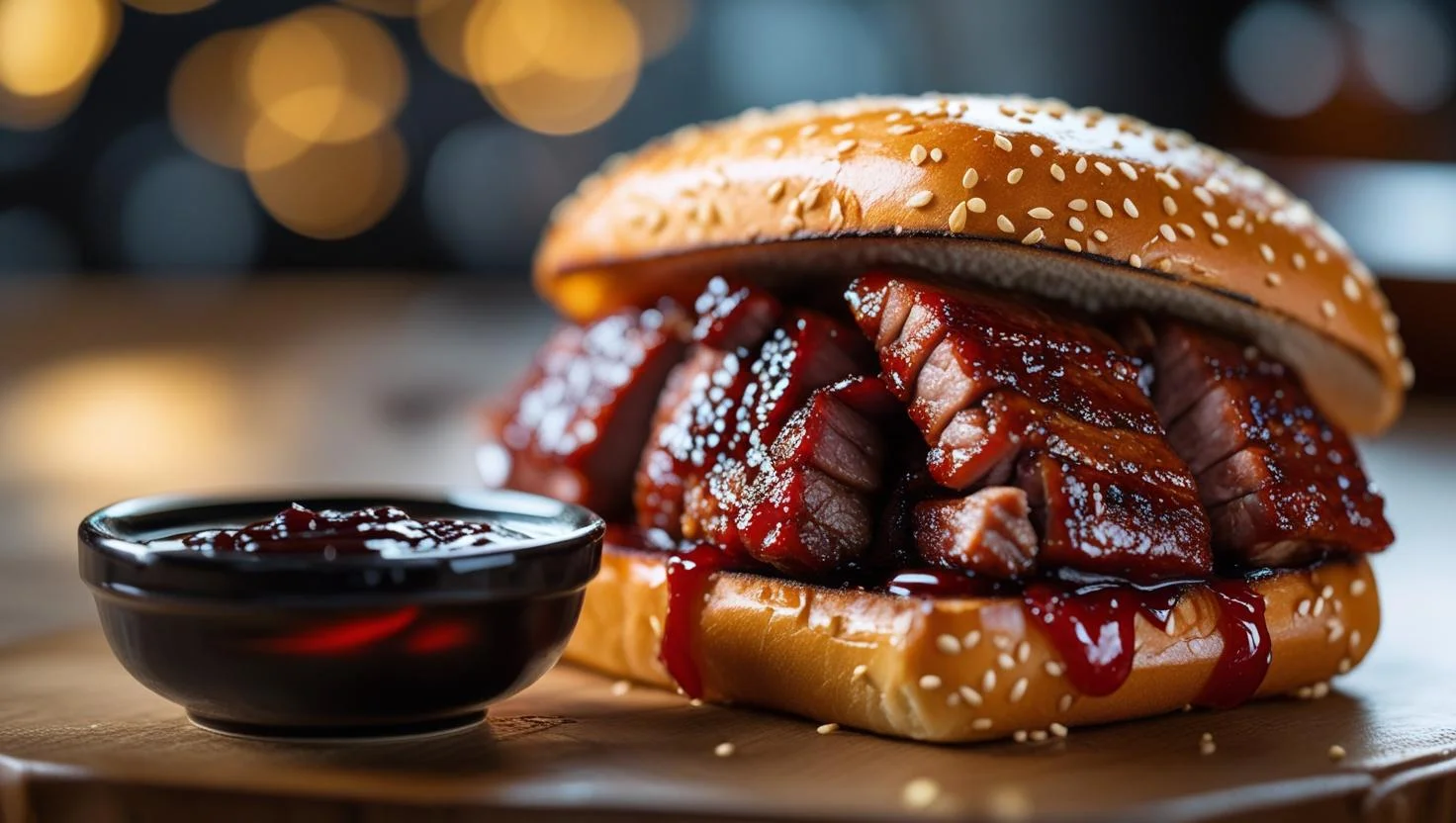 BBQ brisket sandwich with tangy sauce