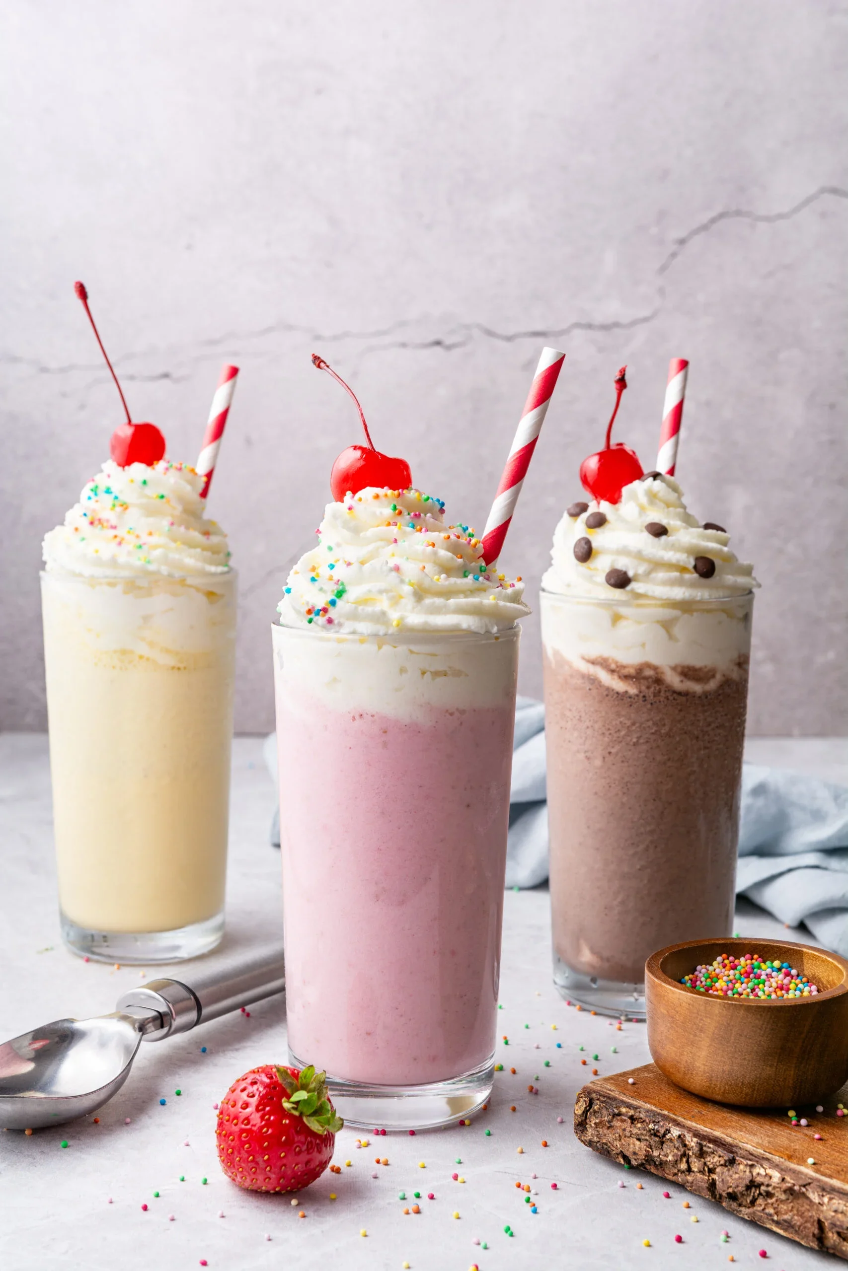 Three colorful milkshakes topped with whipped cream and cherries.