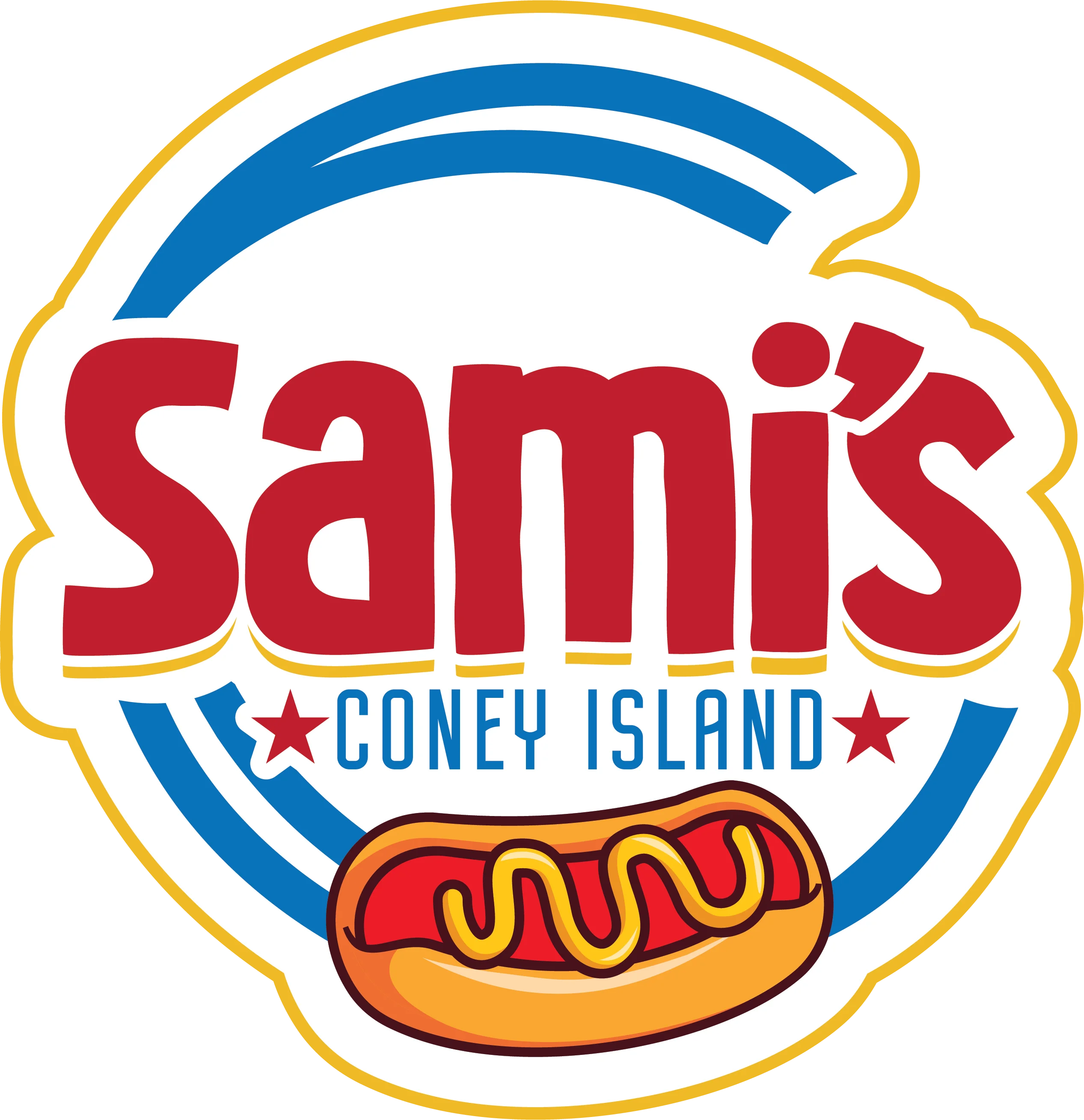 A colorful logo featuring a hot dog, promoting a Coney Island restaurant.