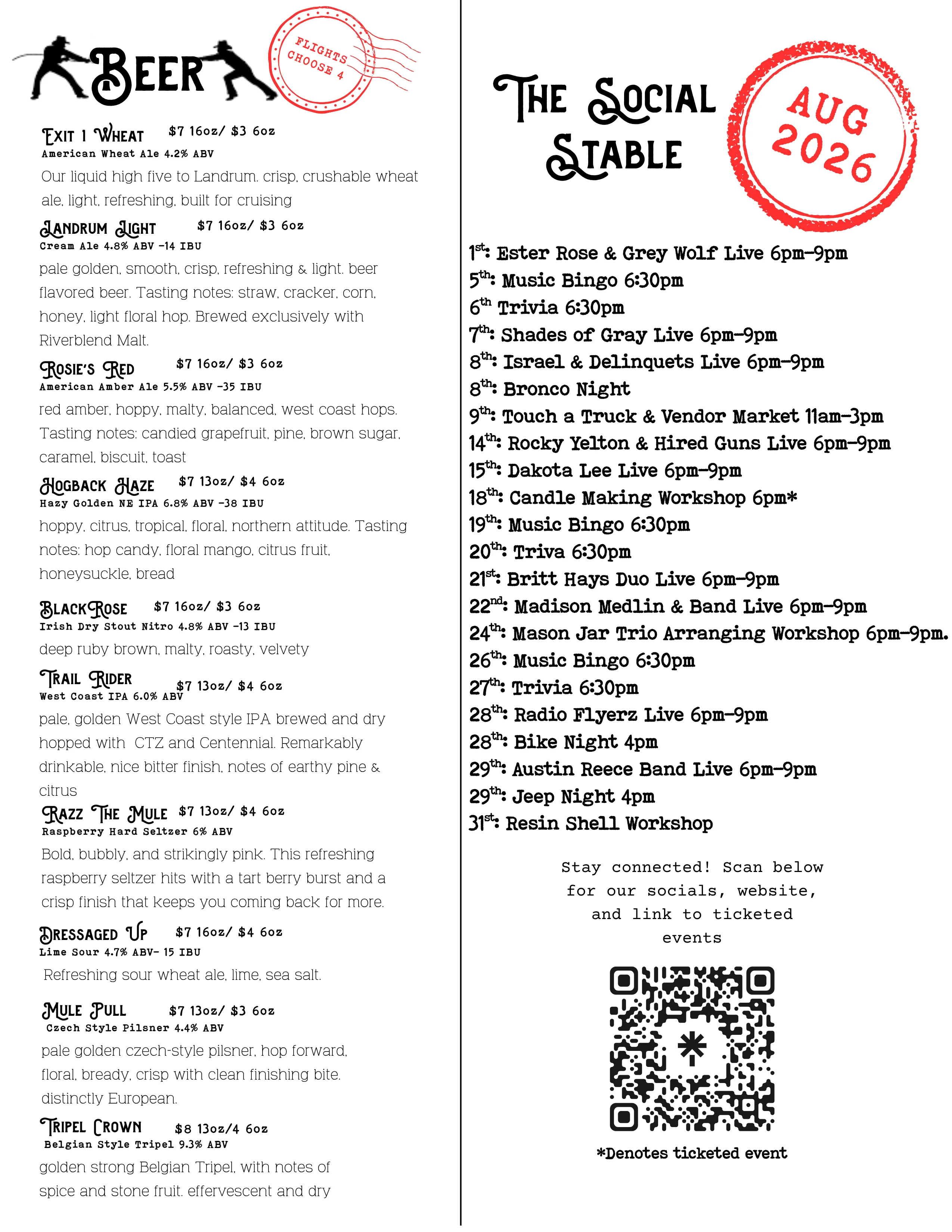 Drink menu featuring a variety of cocktails and beverages at Stubborn Mule.