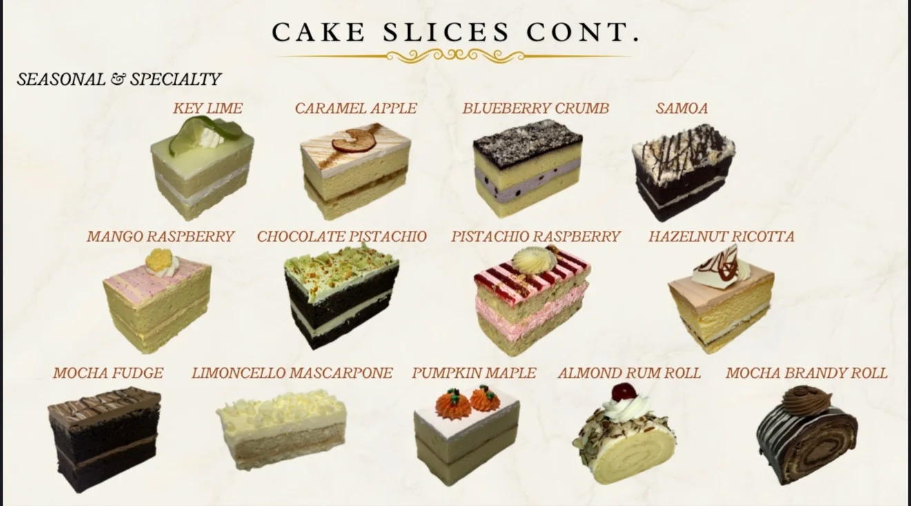 Variety of gourmet cake slices including seasonal flavors