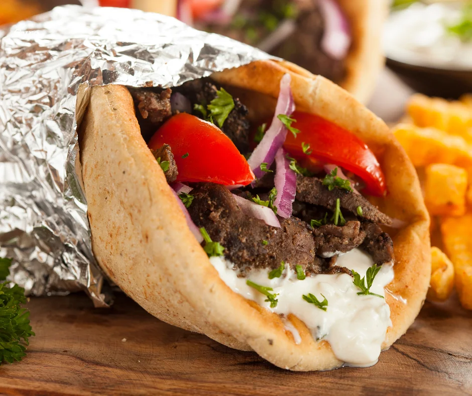 Delicious Mediterranean gyro wrapped in pita bread