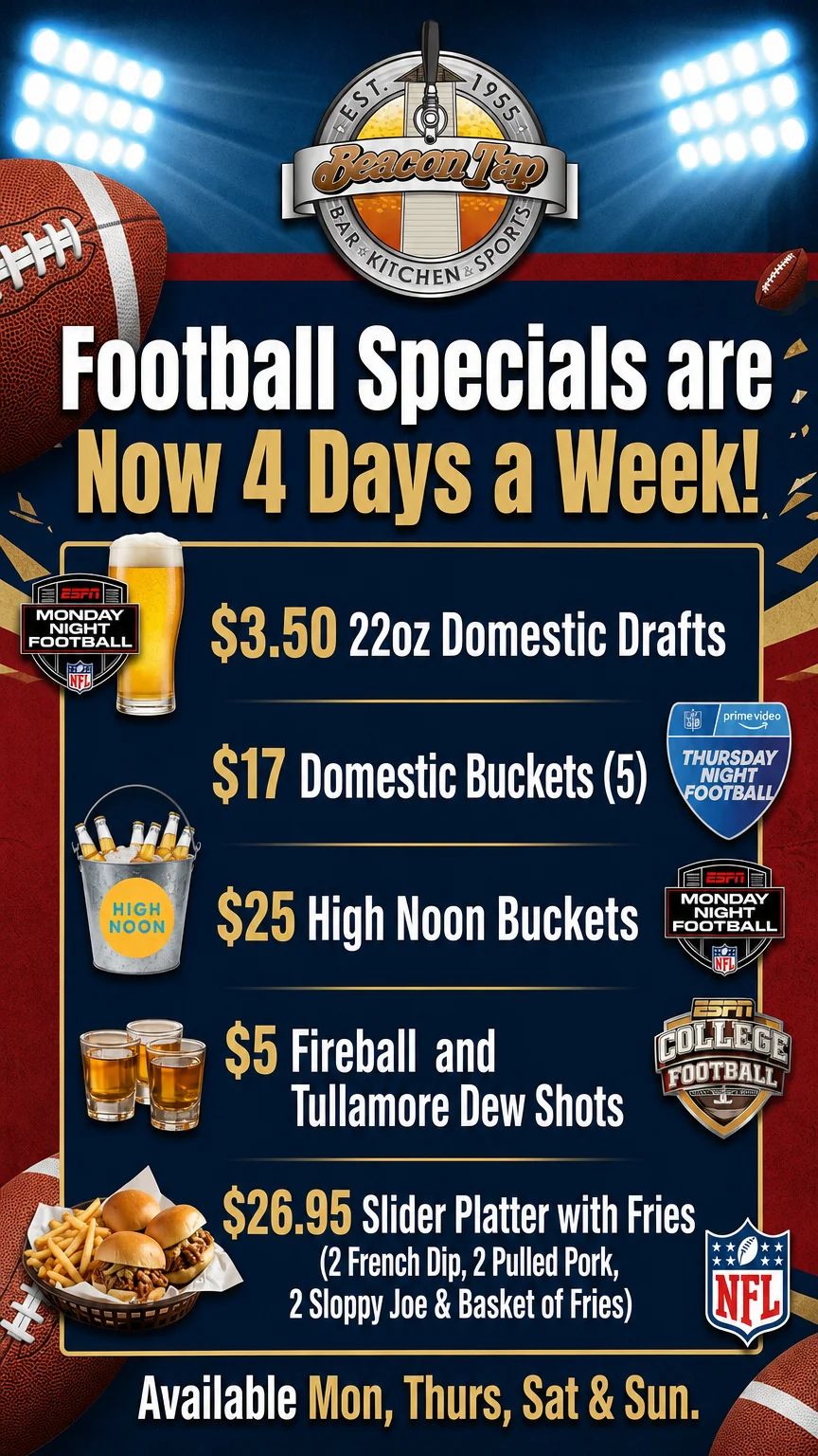 Restaurant football specials promotional graphic with sports-themed food and drink imagery