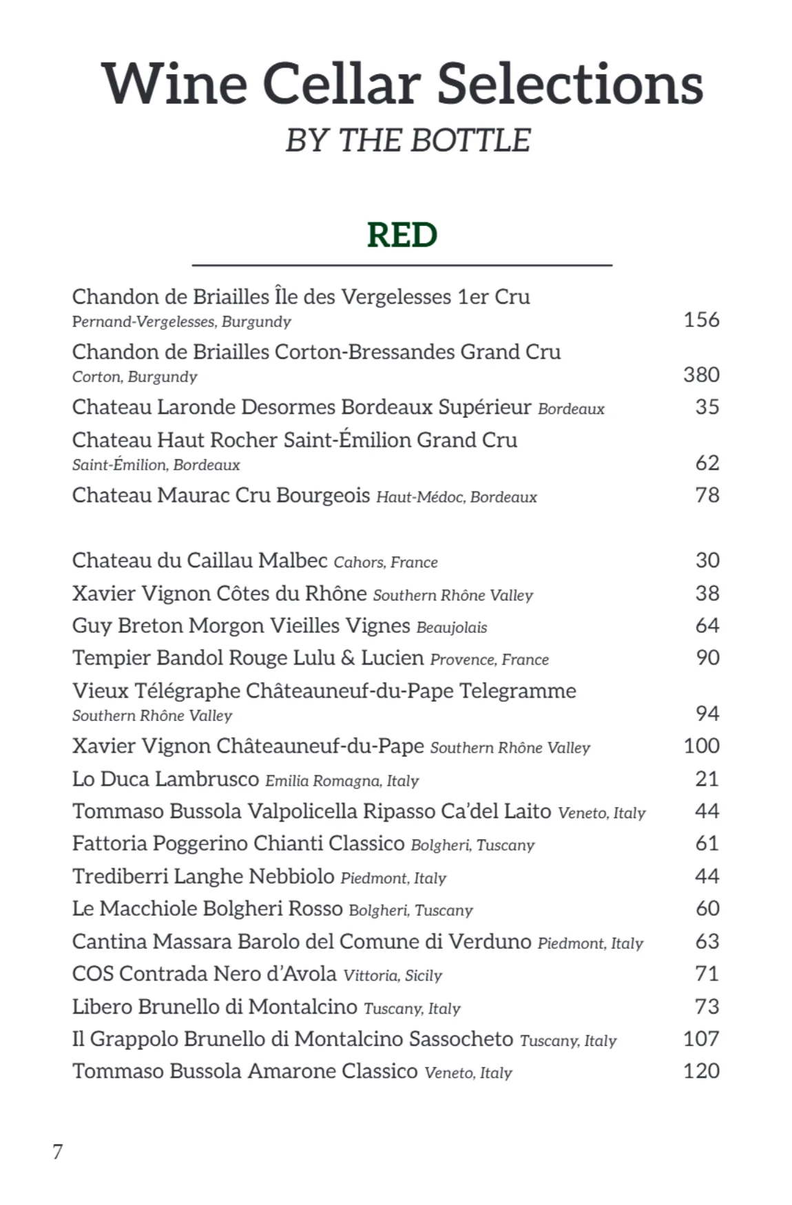 Bar menu page featuring various drink options and prices.