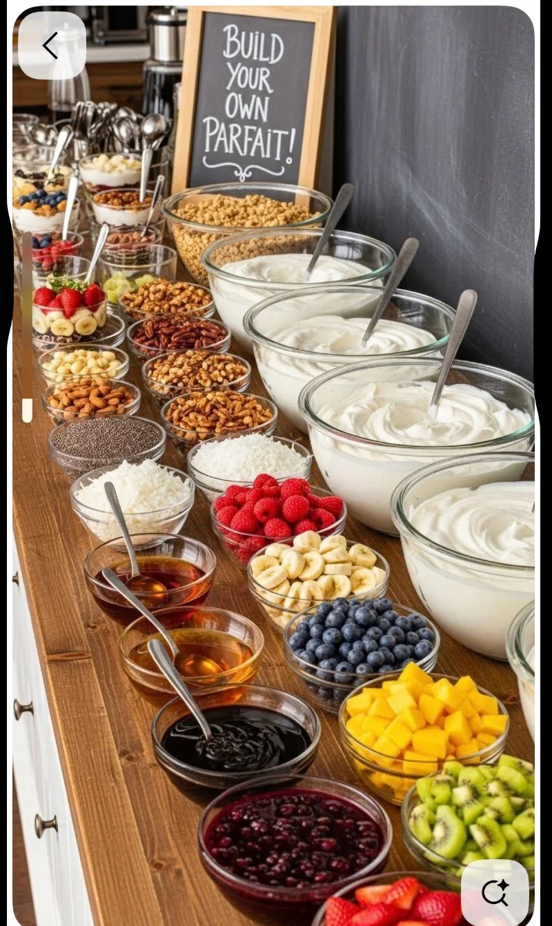 A beautifully arranged table for creating parfaits with a variety of toppings including fruits, nuts, and yogurt. A chalkboard sign invites guests to 'Build Your Own Parfait'.