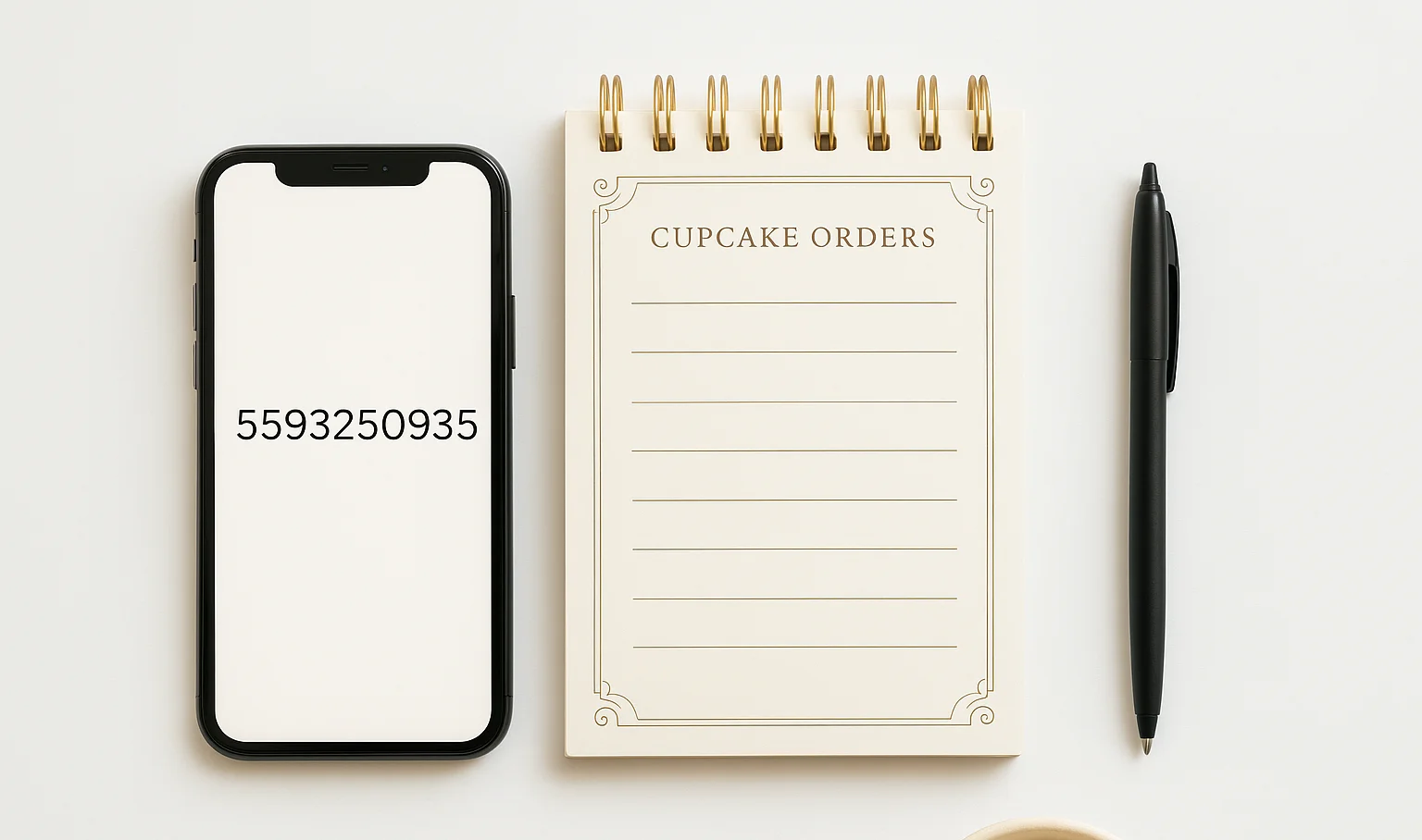 Cupcake order notebook and smartphone on a clean workspace