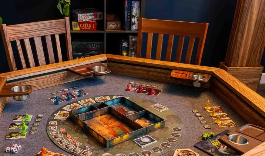 Stylish gaming table set up for board games with various pieces