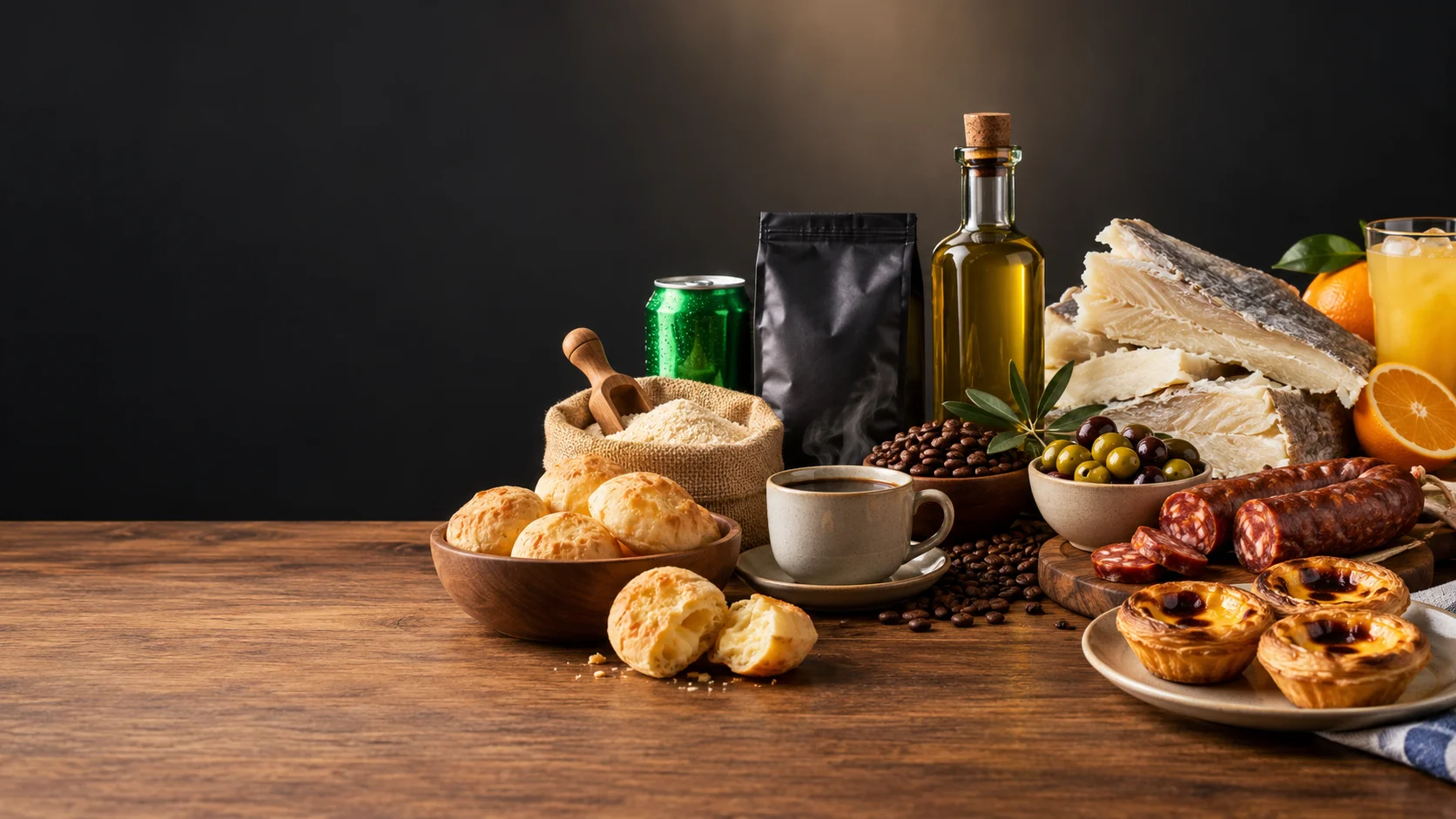 A variety of gourmet foods including cheese, pastries, and coffee presented on a wooden table alongside a green soda can, creating a cozy dining atmosphere.