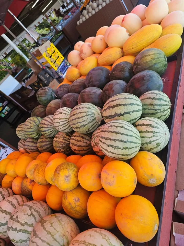 A colorful display of melons and watermelons arranged in rows. The melons vary in size and color, creating a vibrant market scene.