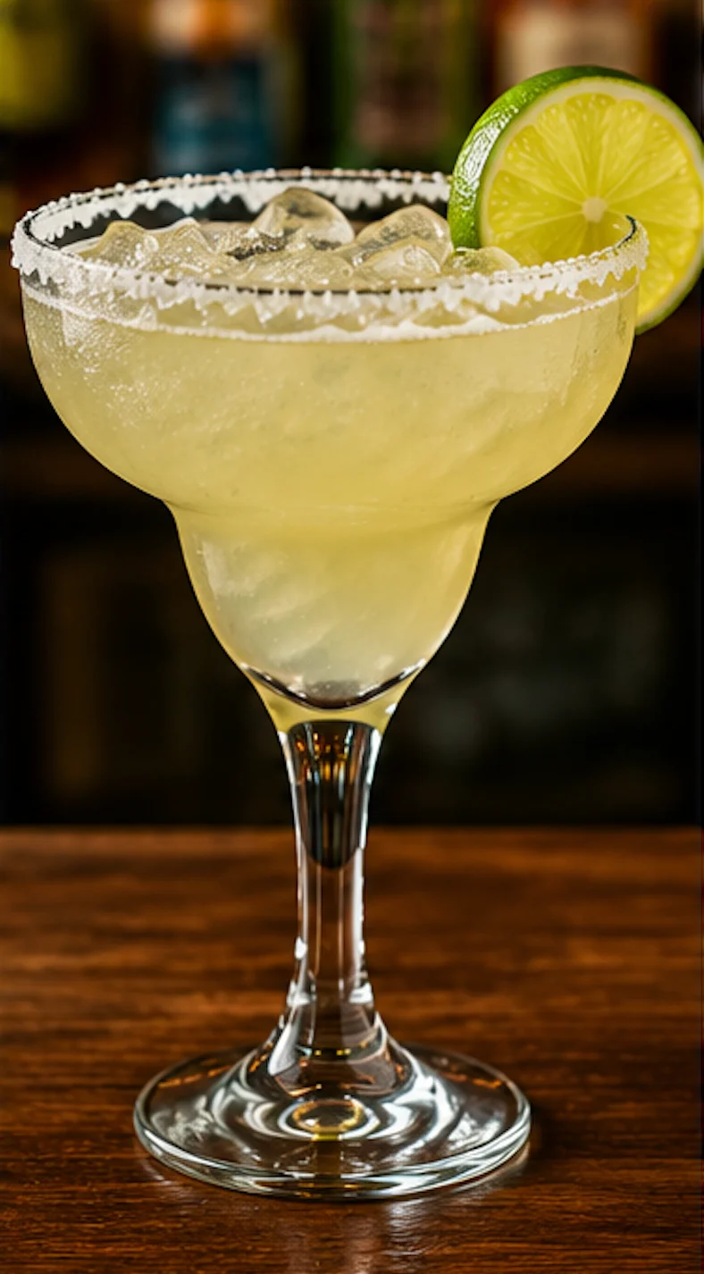 A refreshing margarita served in a large glass, garnished with a lime slice and adorned with a salted rim.