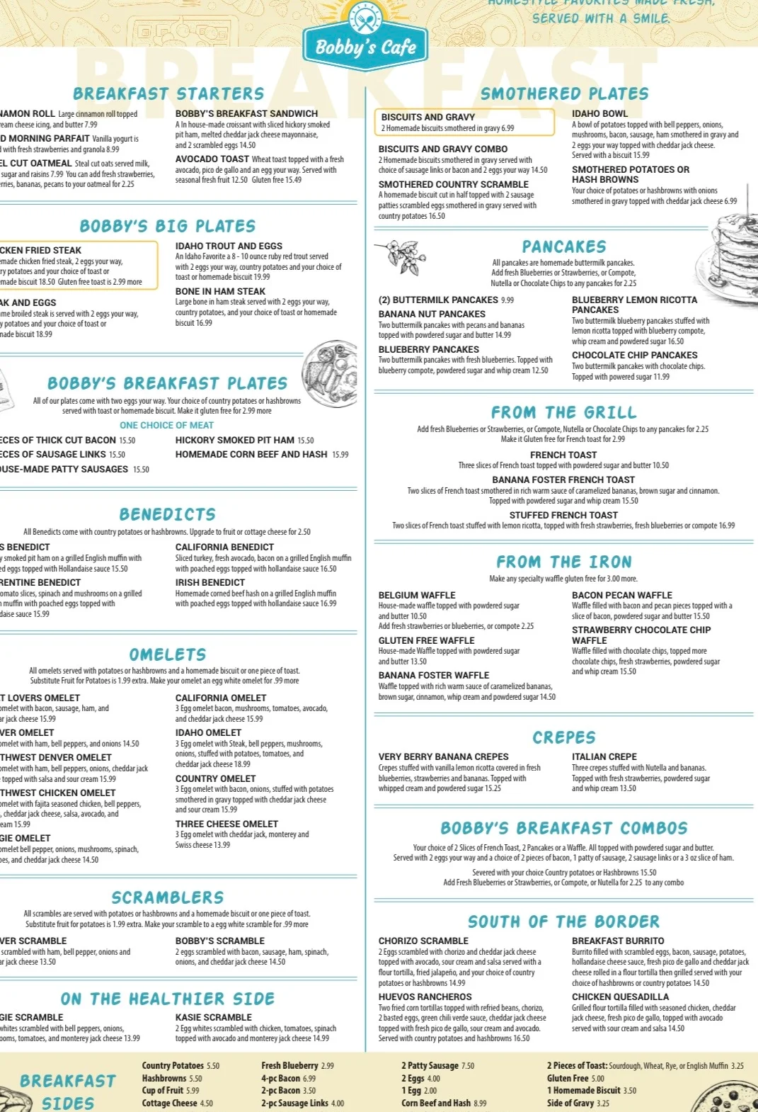 Breakfast menu featuring a variety of classic American dishes
