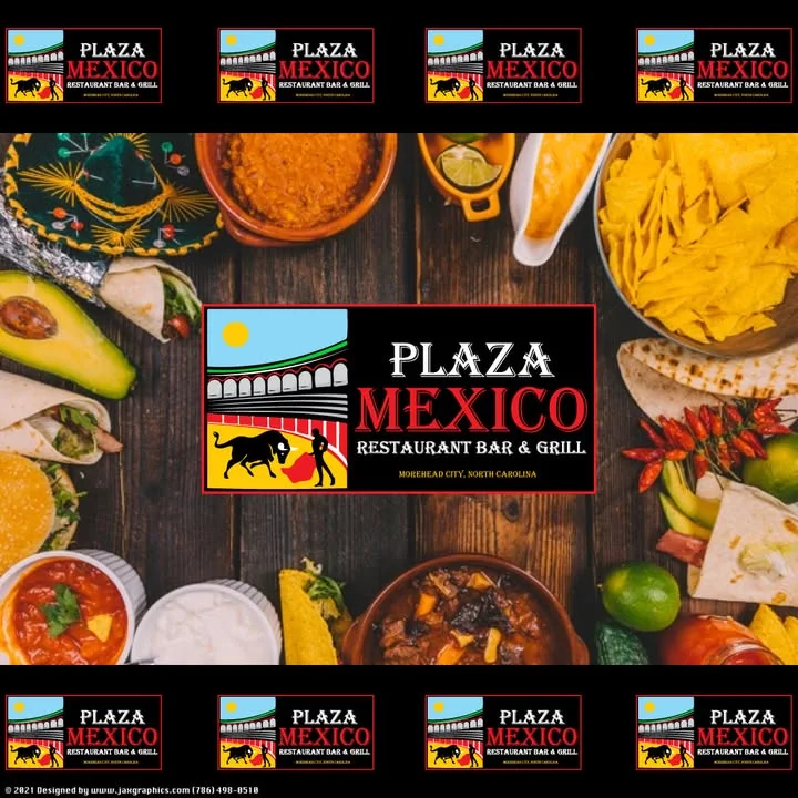 A vibrant display of various Mexican dishes including tacos, nachos, guacamole, and more, all set on a wooden table with a restaurant logo in the center.