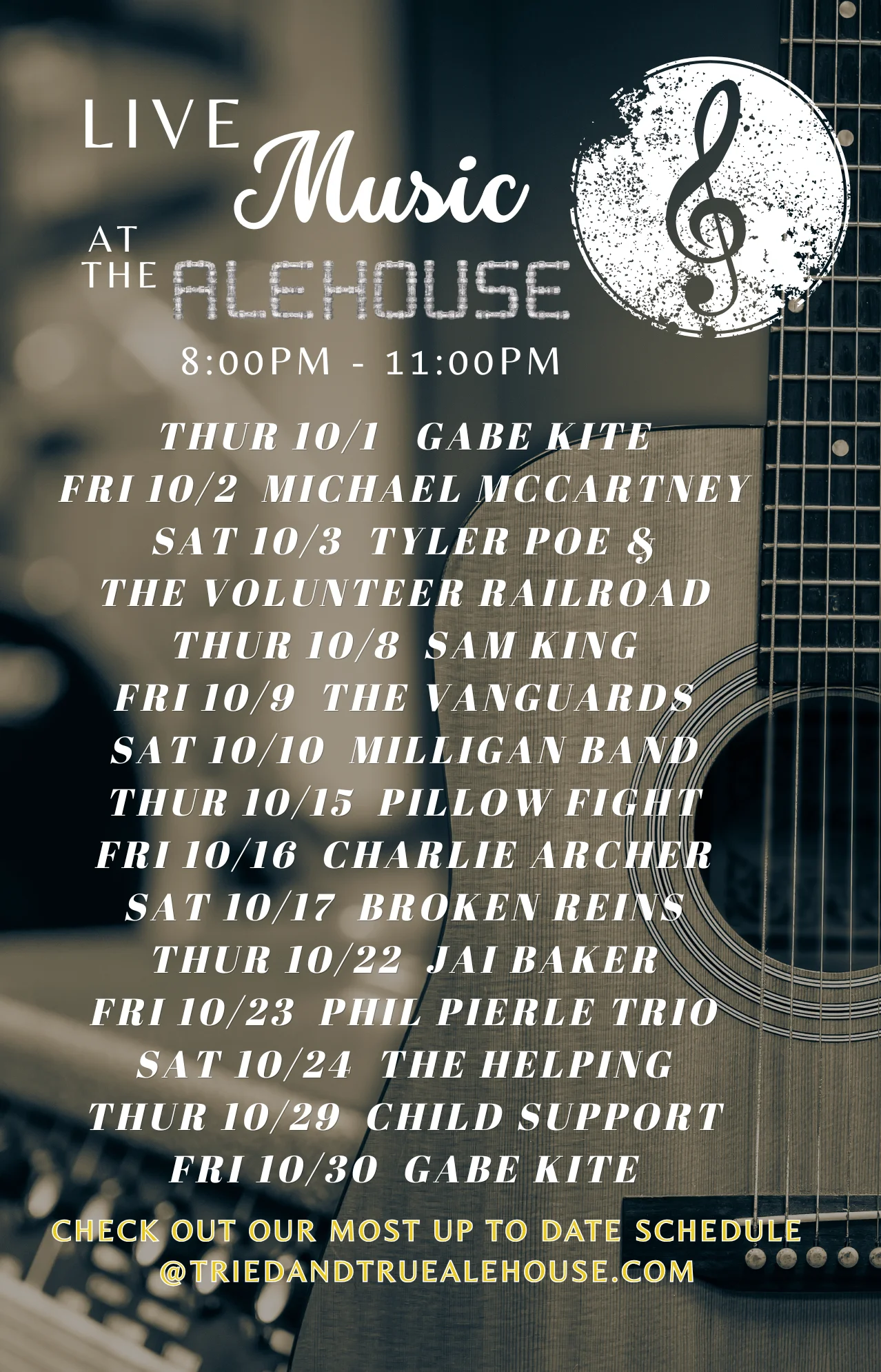 Live music schedule at the Alehouse with various artists and times