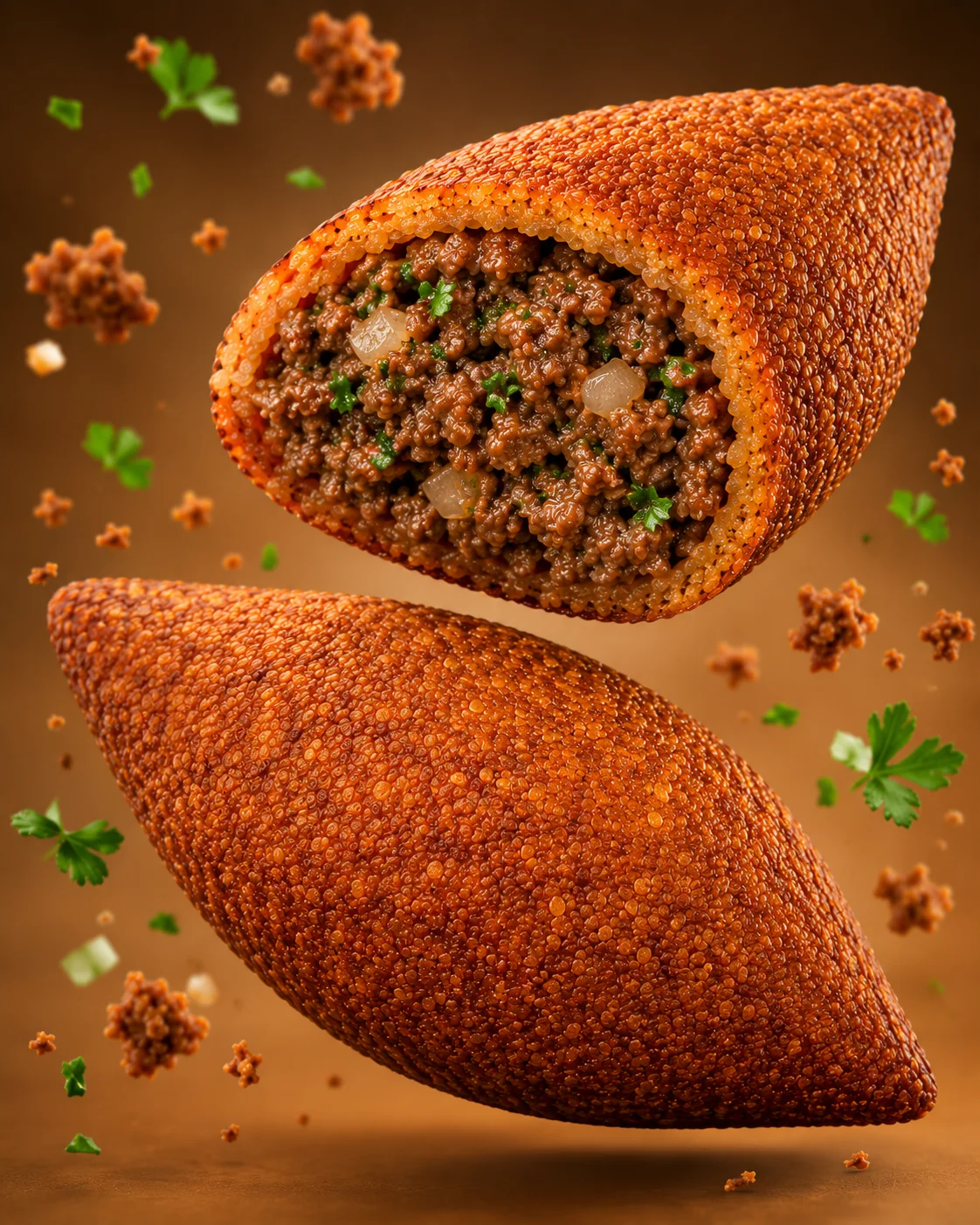 Two golden brown kibbeh with a crispy exterior and open, revealing a rich filling of minced meat and herbs inside. Sprinkled with green parsley leaves.