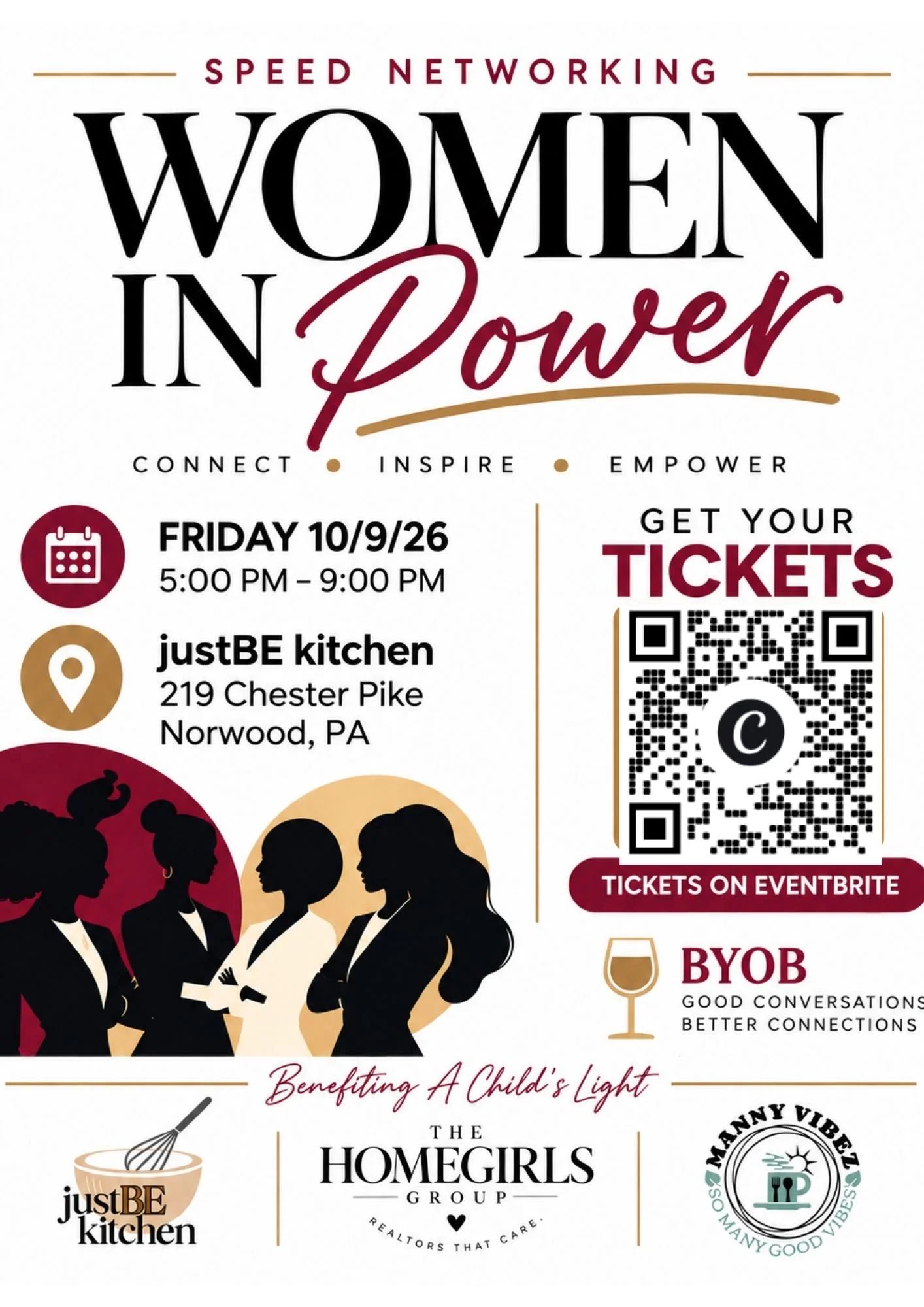 Speed networking event flyer with restaurant venue details and ticket QR code