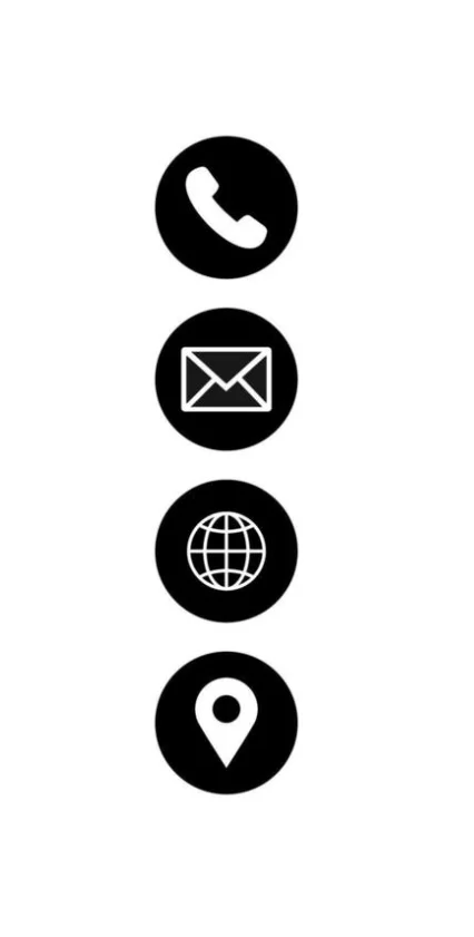 Contact icons for phone, email, website, and location
