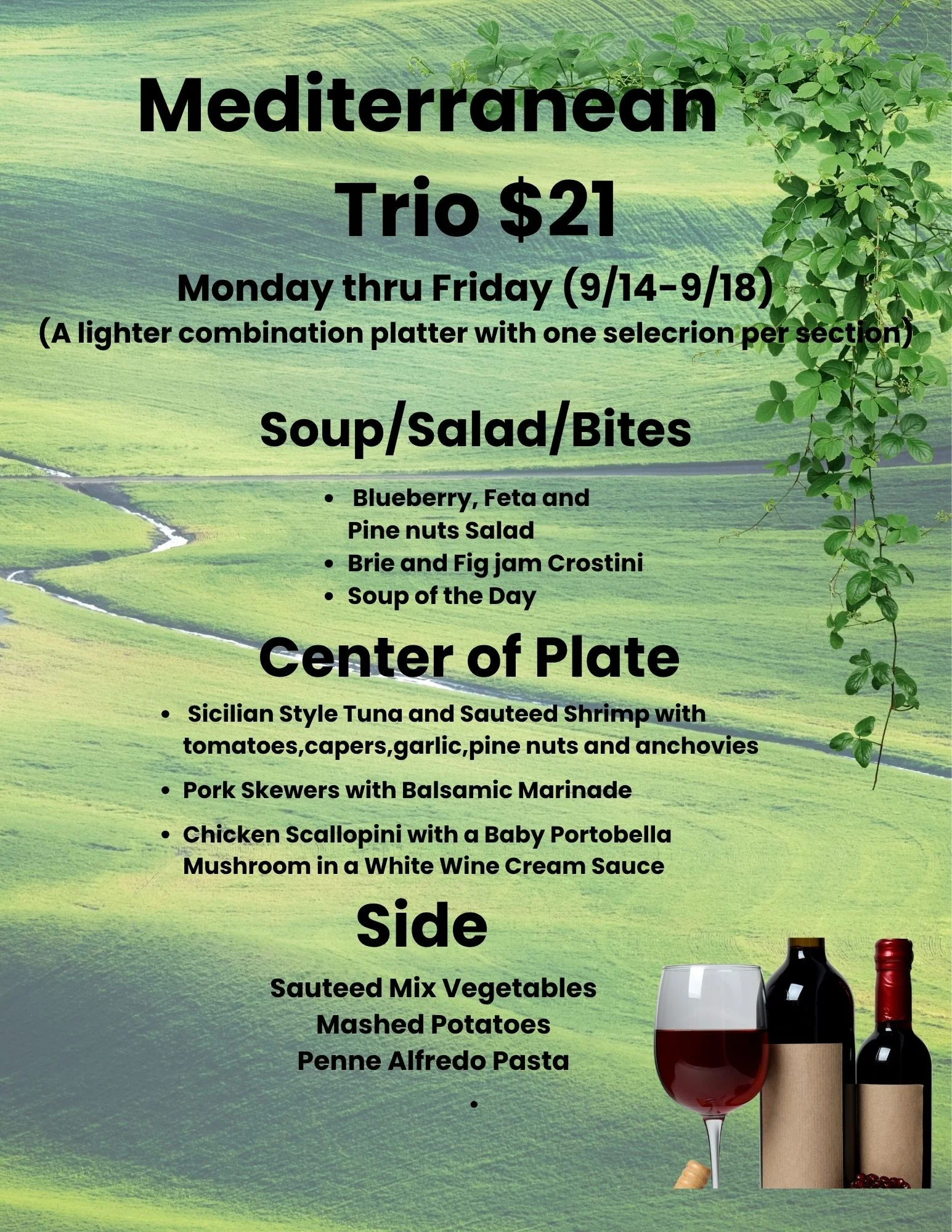Mediterranean trio platter featuring seafood and pasta dishes
