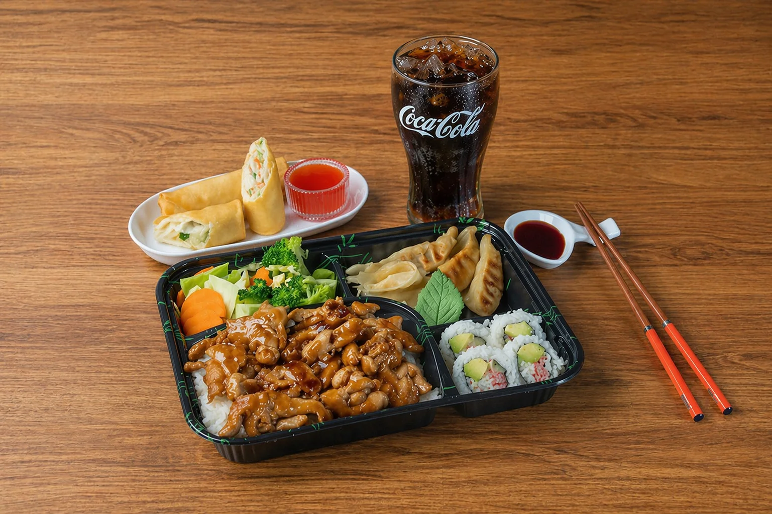Japanese bento box with teriyaki chicken and sushi rolls