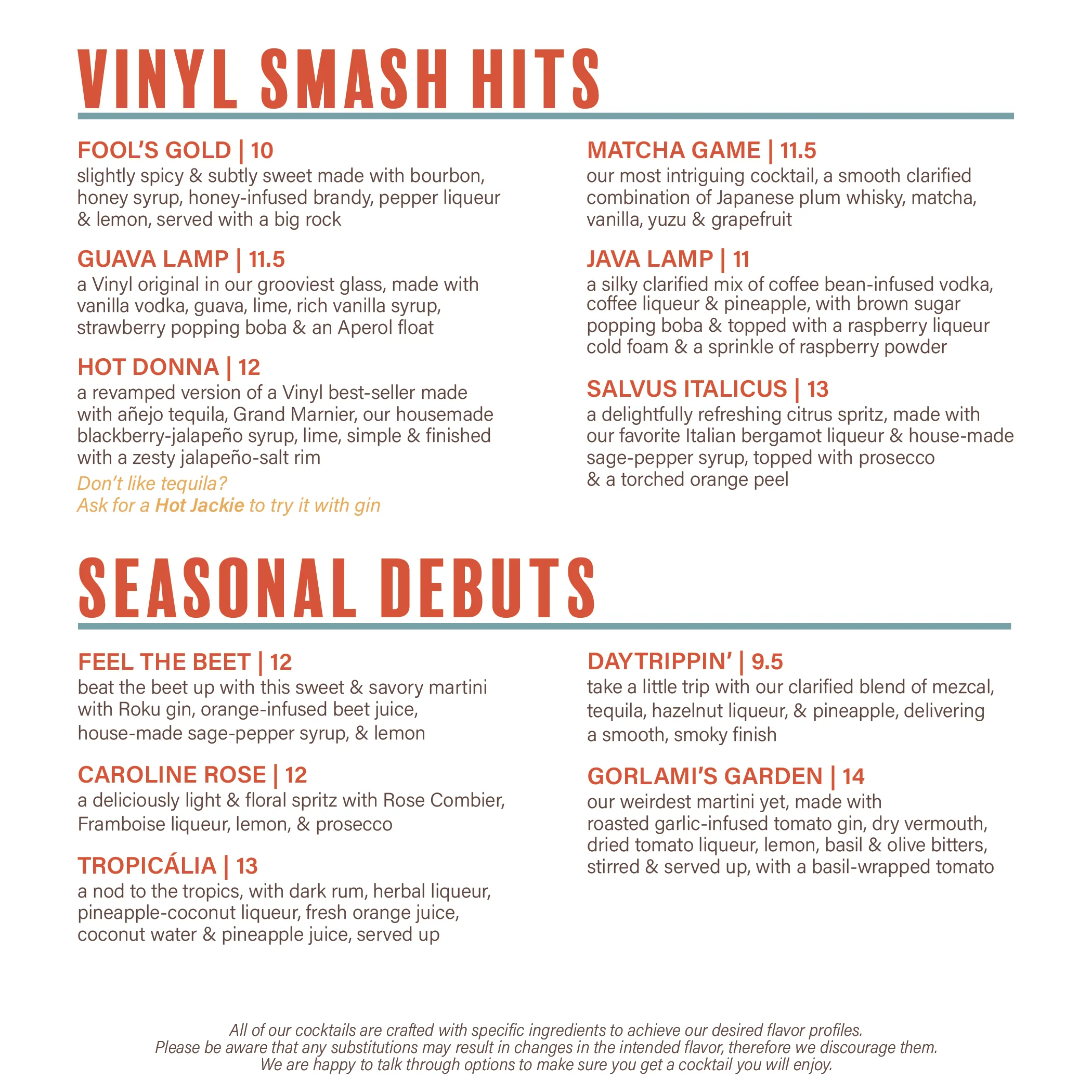 Cocktail menu featuring Vinyl Smash Hits and Seasonal Debuts with prices.