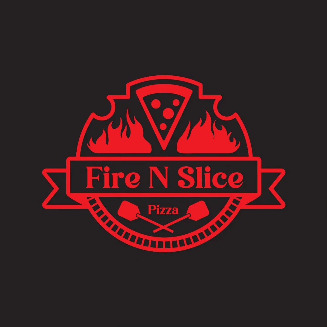 A red logo for a pizza brand, showcasing flames and a slice of pizza. The background is black, enhancing the logo's visibility.
