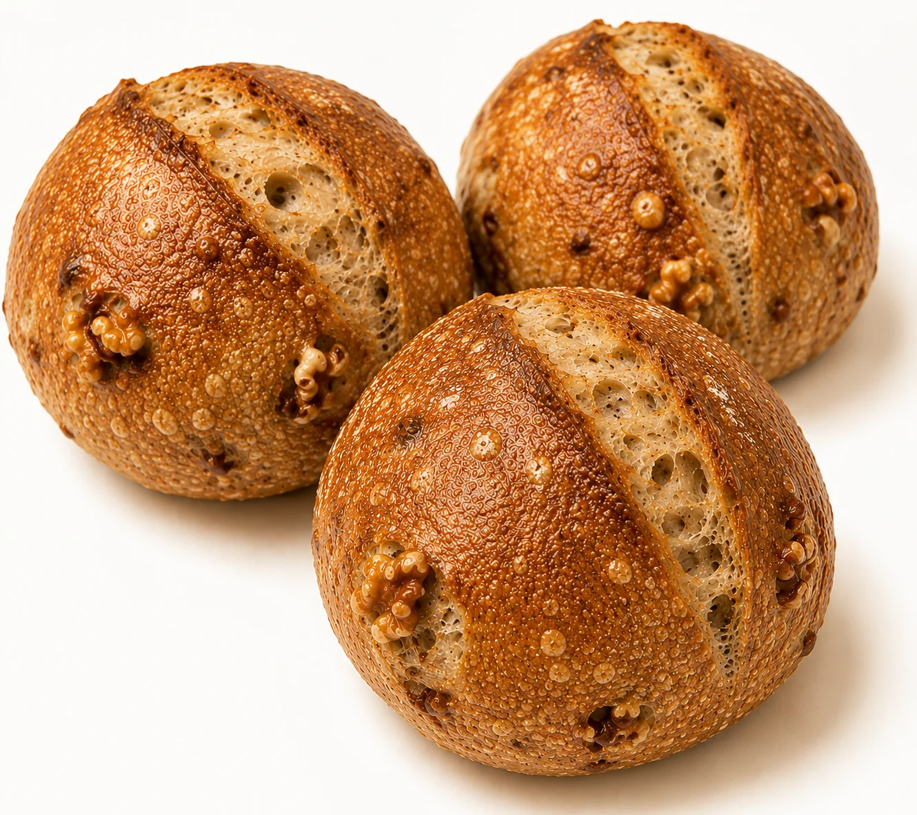 Three round, crusty bread rolls with a golden-brown exterior.