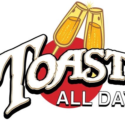 Logo of Toast! All Day restaurant featuring champagne glasses
