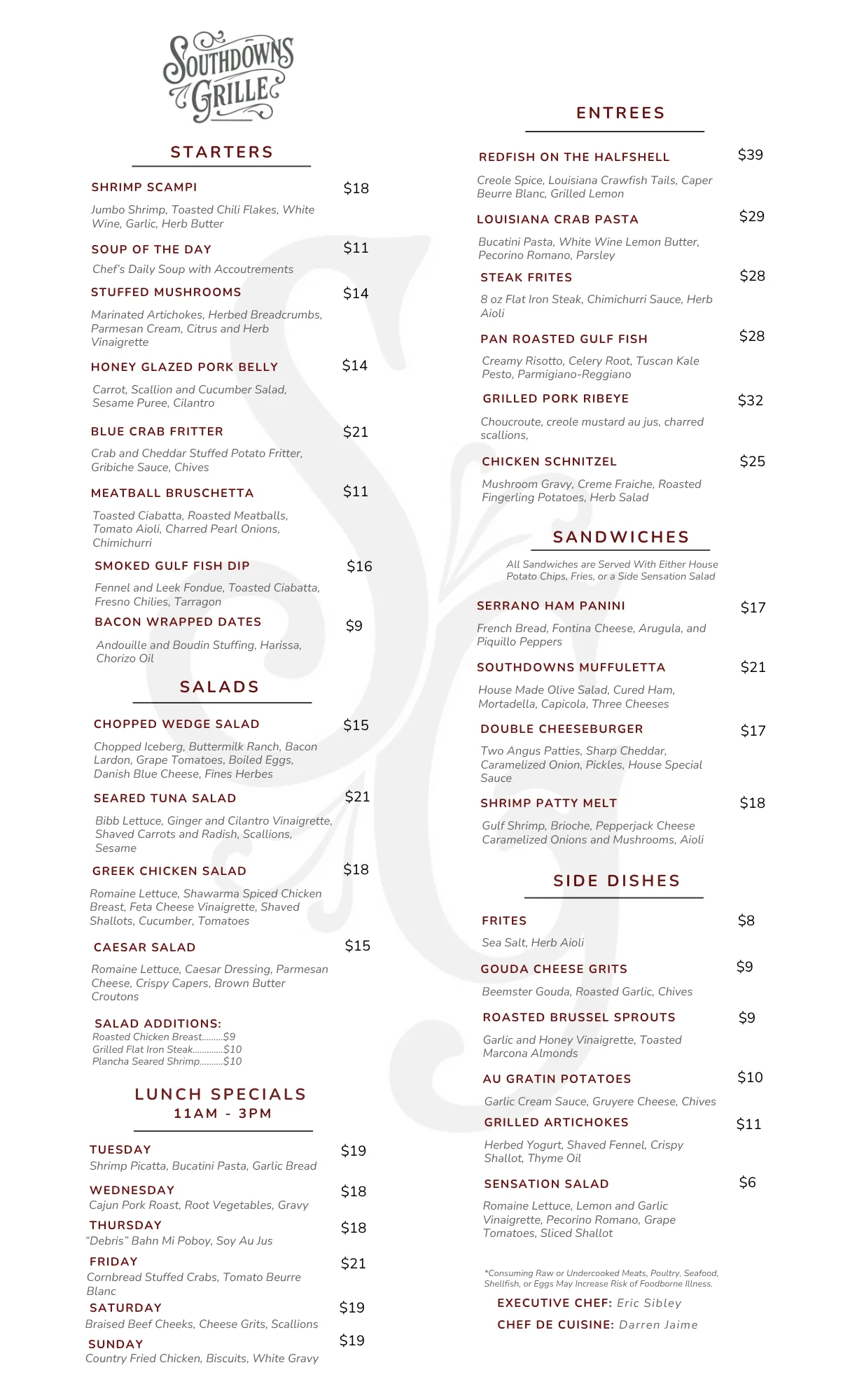 Diverse menu offerings at Southdowns Grille restaurant