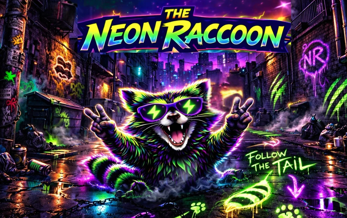 Colorful banner featuring a neon raccoon logo for a restaurant.