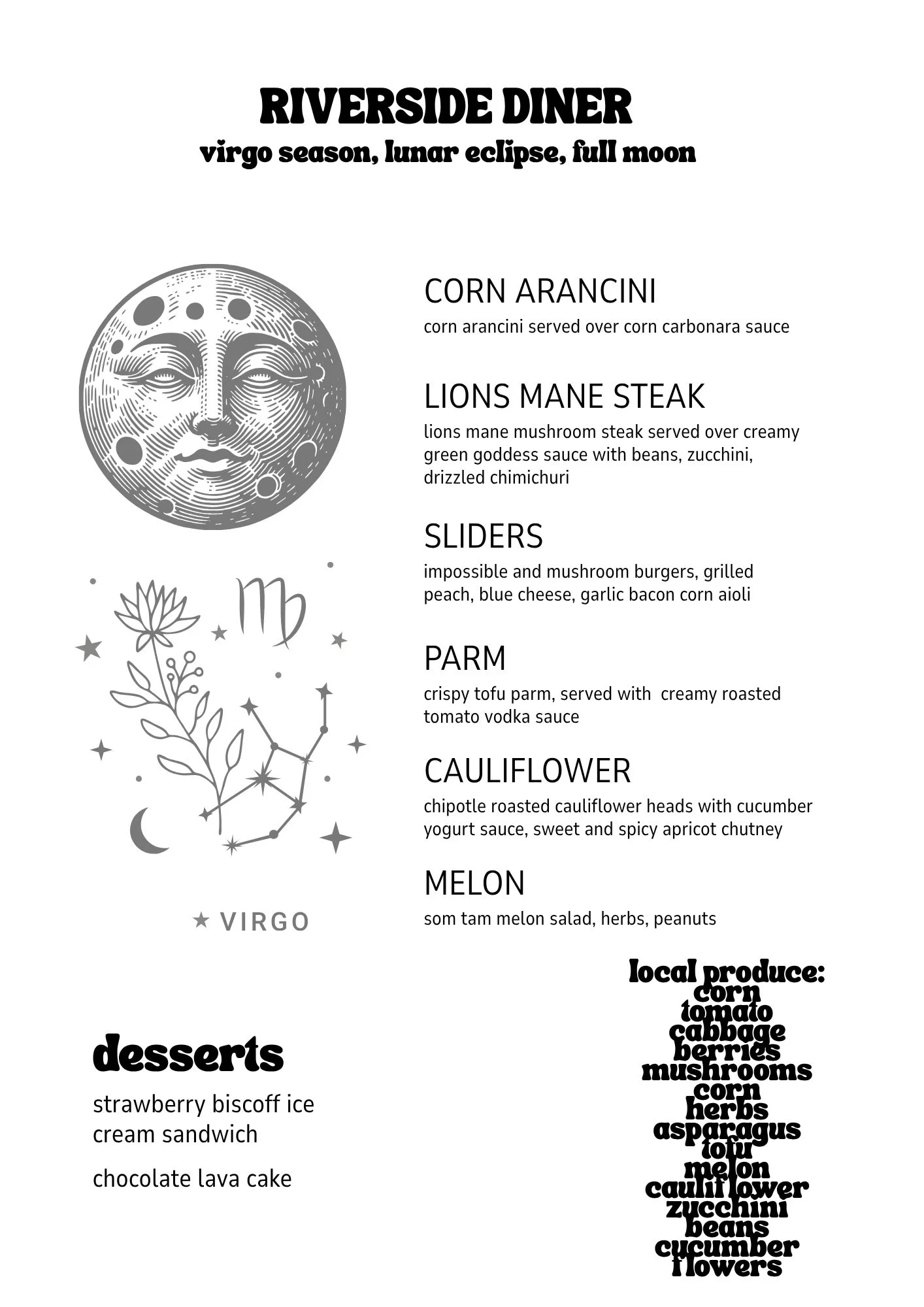 Sample menu featuring Mediterranean dishes and desserts