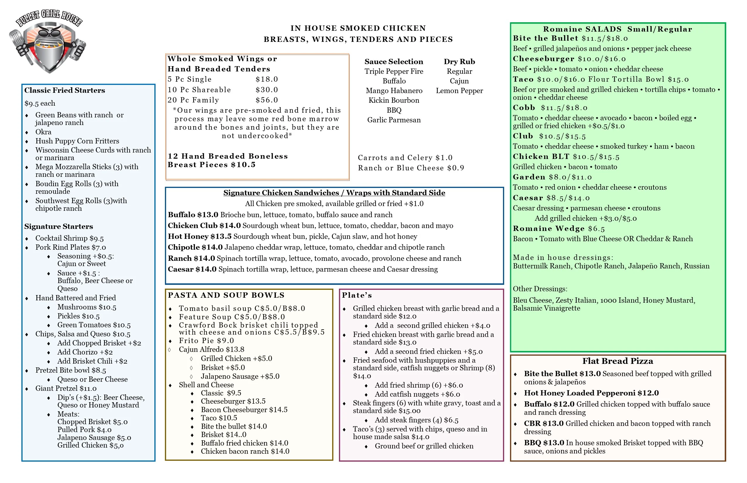 Menu featuring smoked chicken dishes and salads in a casual dining setting