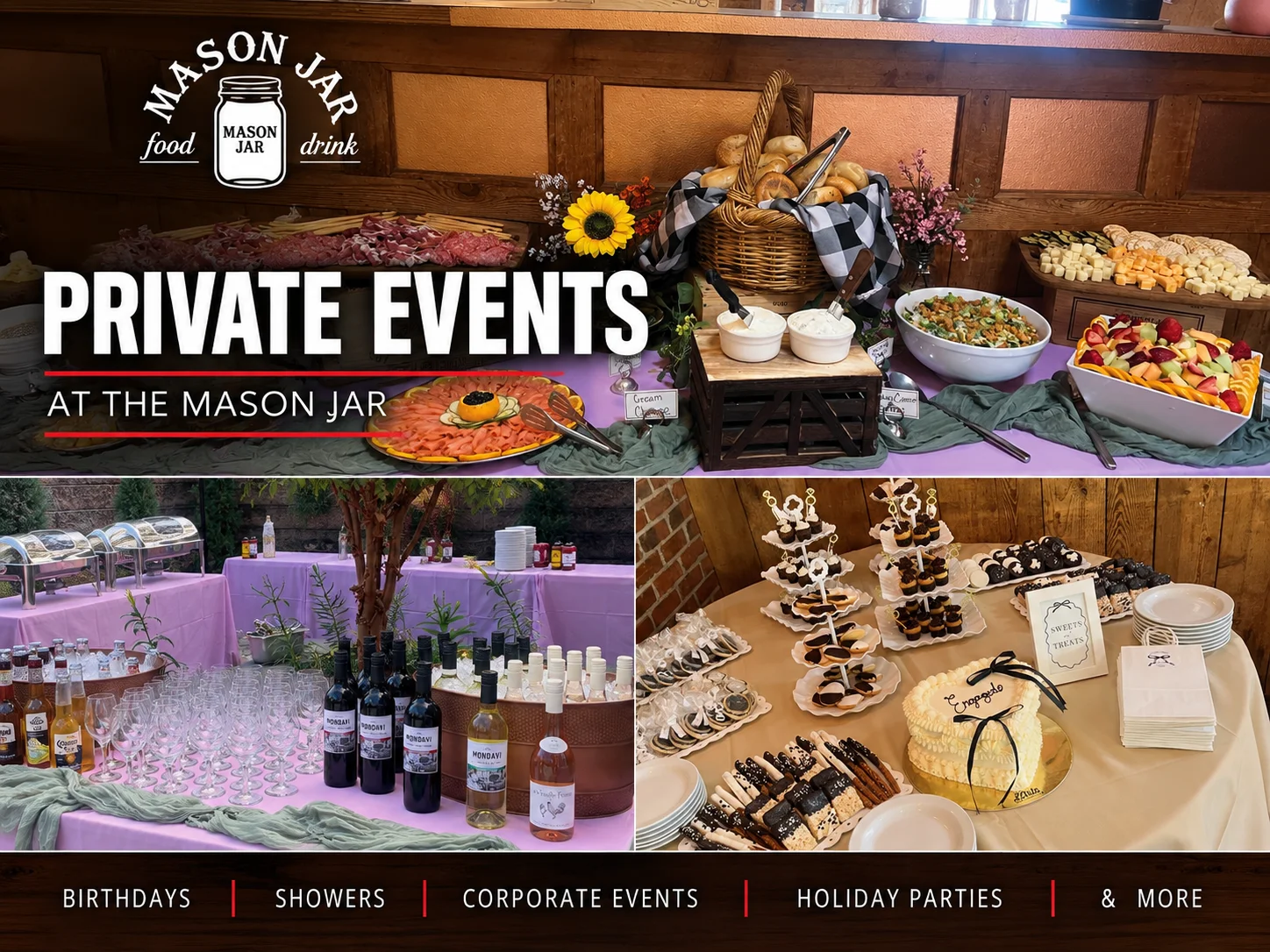 Private events at The Mason Jar in Mahwah, NJ, featuring catered food, buffet displays, desserts and an outdoor bar setup.