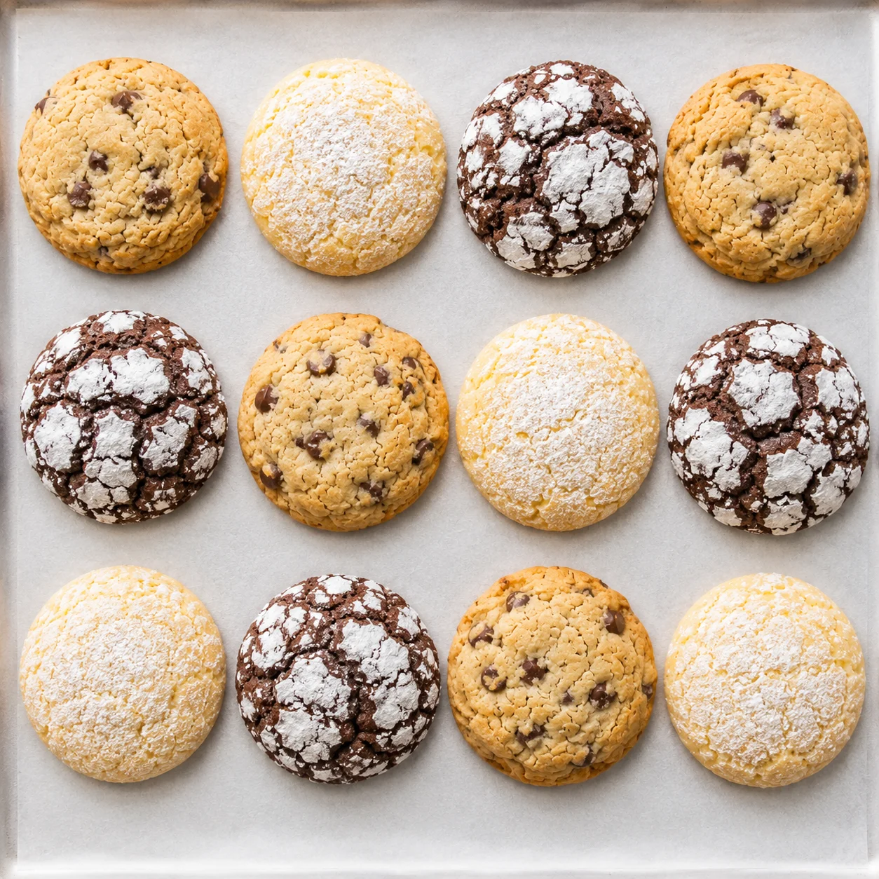 Assorted cookies including chocolate chip and crinkle varieties